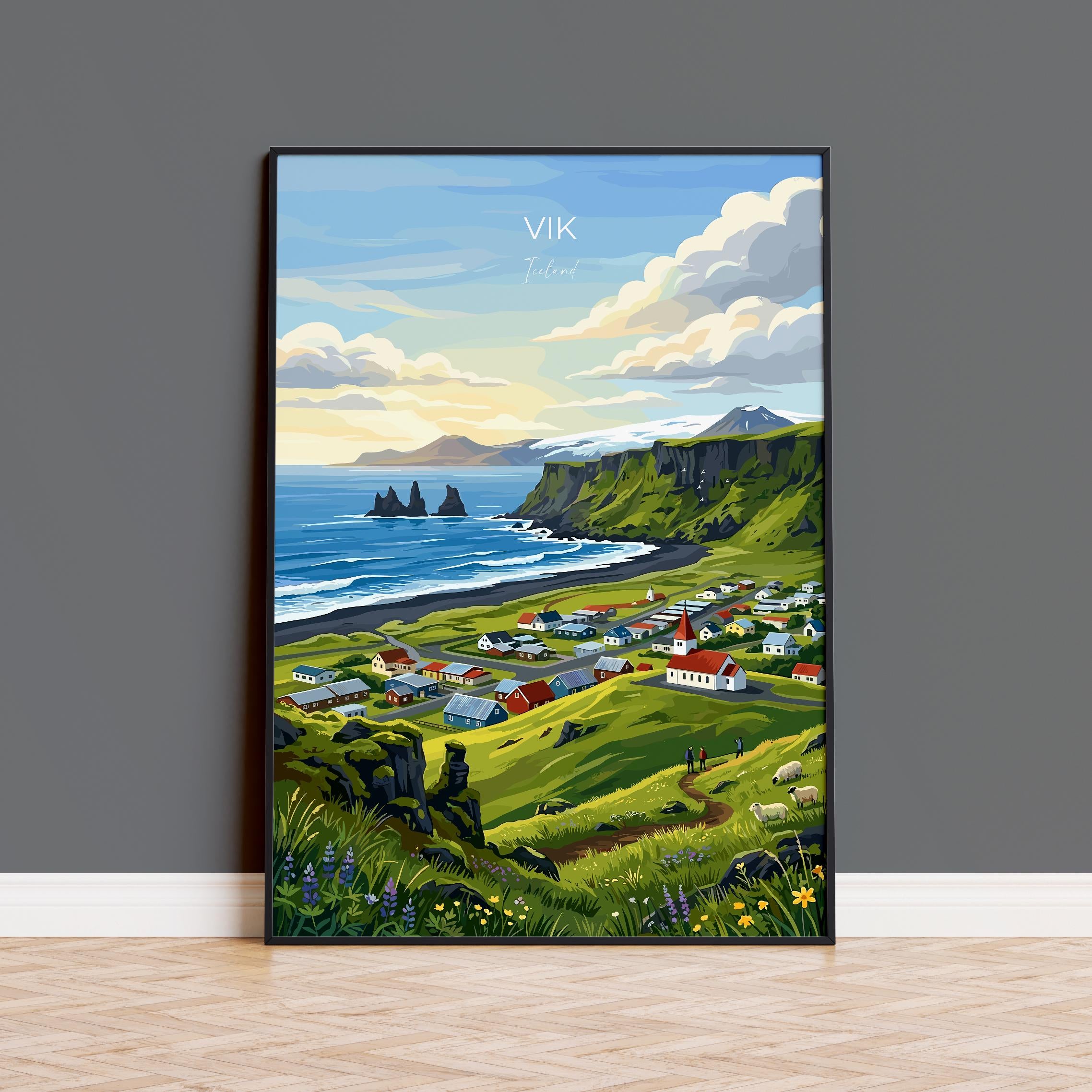 Vík Iceland Travel Print, Reynisfjara Black Sand Beach Wall Art, Vik Village Poster, Iceland Coastal Landscape, Vintage Style Nordic Decor