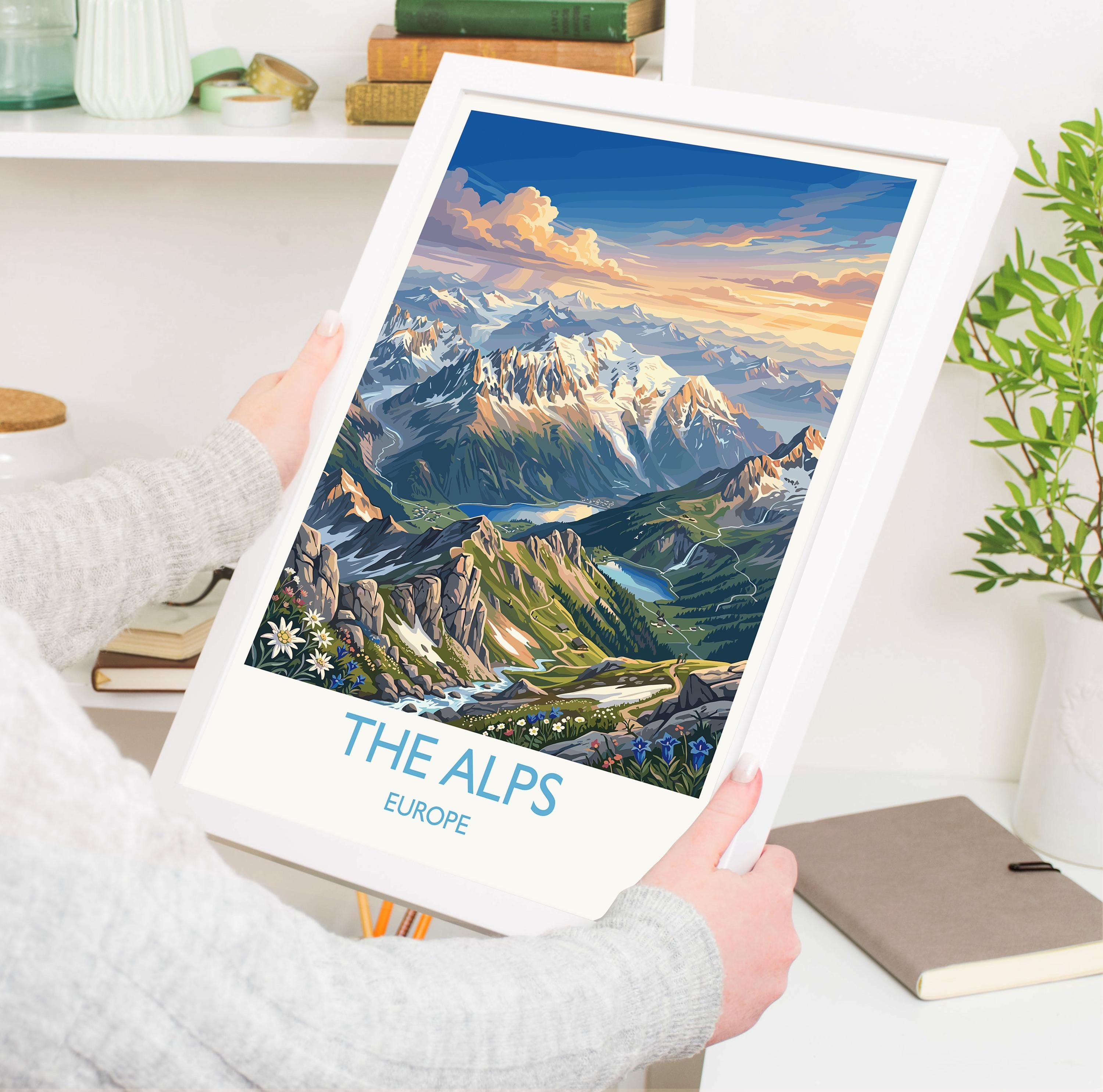 The Alps Europe Travel Poster, Alpine Mountains Wall Art, Snow-Capped Peaks Print, European Landscape Illustration, Vintage Mountain Decor