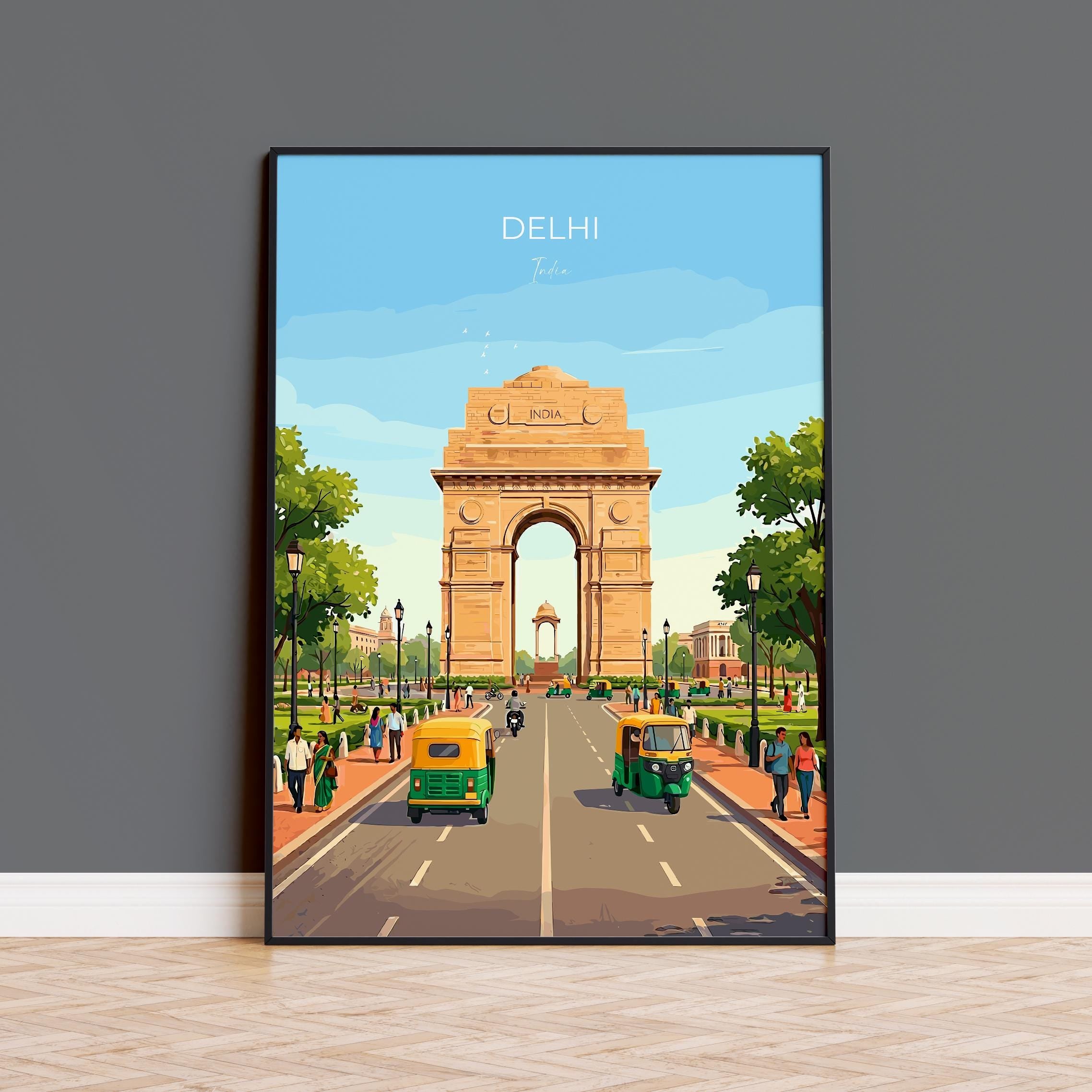 Delhi India Travel Print, India Gate Wall Art, New Delhi Landmark Poster, Historic Monument Illustration, Vintage Style Asia, India Gift