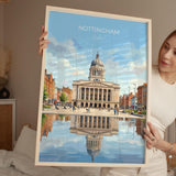 Nottingham Travel Print, Exchange Building Wall Art, Old Market Square Poster, Nottingham City Illustration, UK City Decor, Nottingham Gift