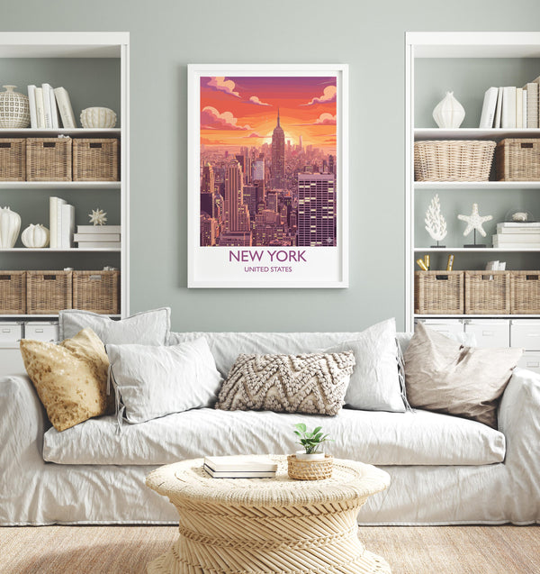 New York City Art Print, Manhattan Sunset Skyline View, Empire State, Travel Poster