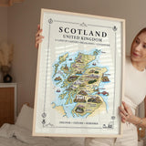 Scotland Illustrated Map Print, UK Wall Art, Highlands Map Poster, Framed or Canvas Print, Scotland Gift Print