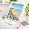 Birchington on Sea Travel Poster, Reculver Towers Beach Huts Wall Art, Kent Coast Print, Seaside Landscape Illustration, UK Coastal Decor