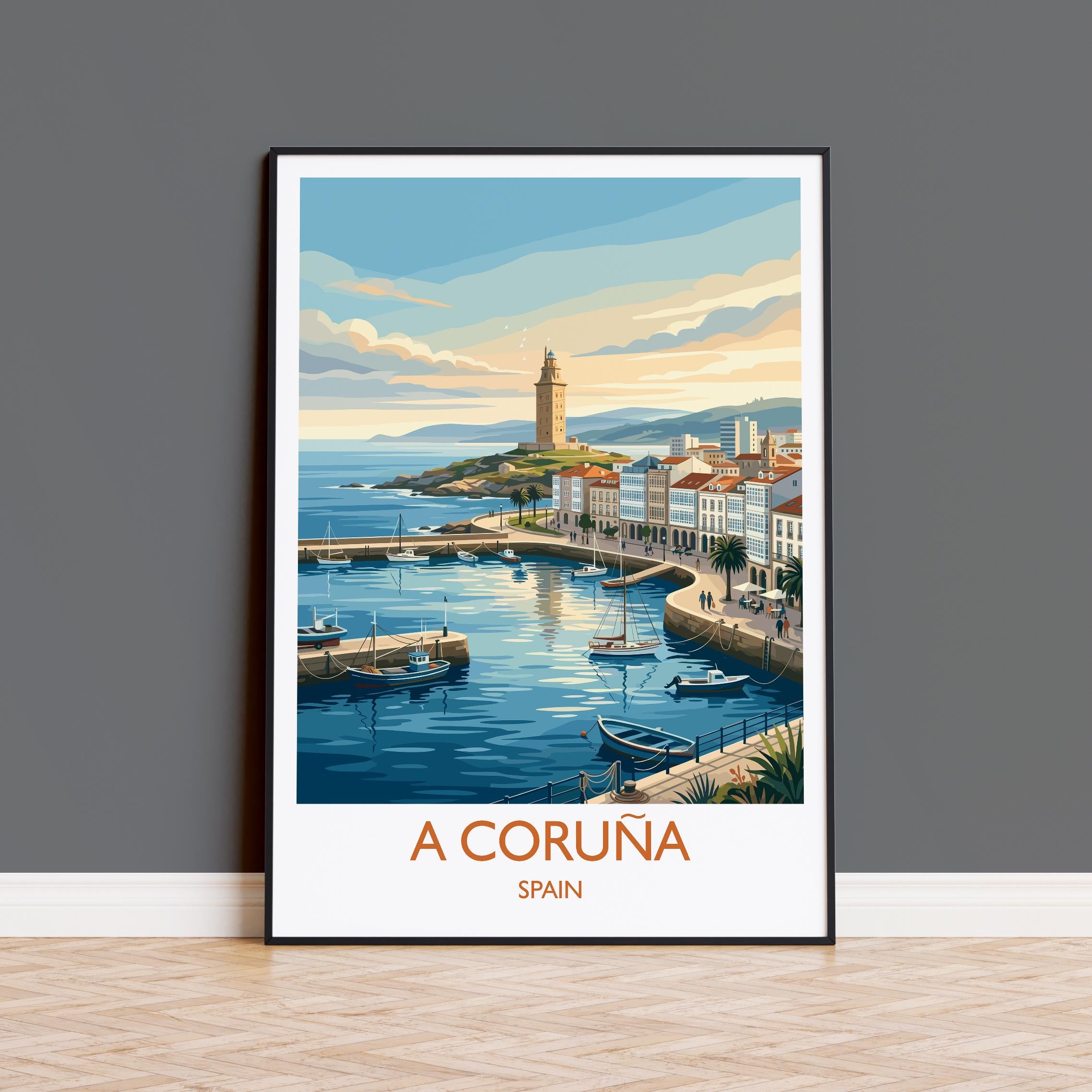 A Coruña Spain Travel Poster, La Coruña Coastal Wall Art, Galicia Seaside Print, Atlantic Ocean Cityscape, Vintage Style Europe Decor