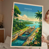 Panama Travel Poster, Panama Canal Wall Art, Panama City Skyline Print, Canal & Rainforest Poster, Central America Travel Poster