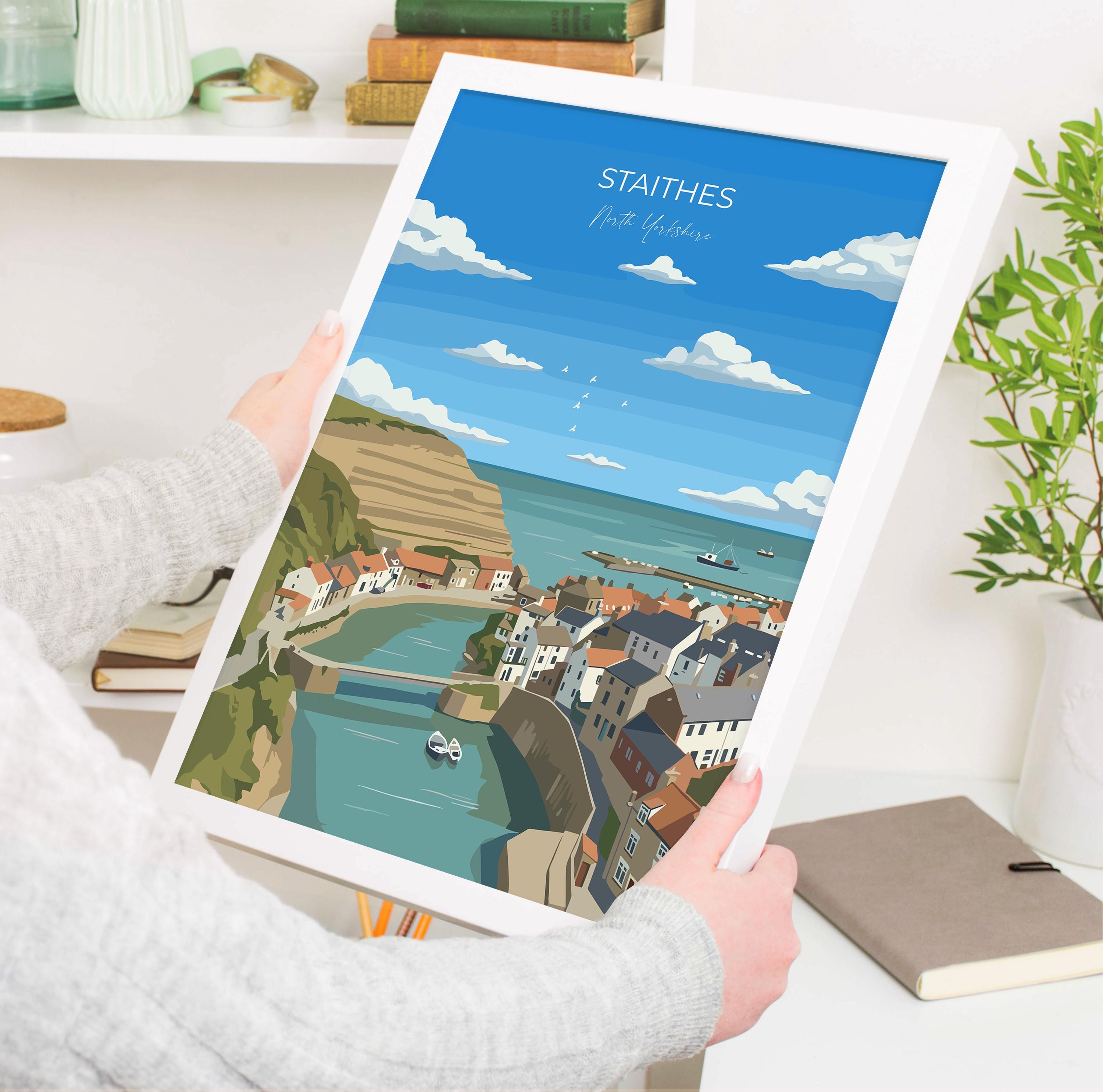 Staithes Travel Poster, Travel Print of Staithes, Yorkshire Gift, England, North Yorkshire Art, Whitby Gift, Wall Art Print NQ Media Designs