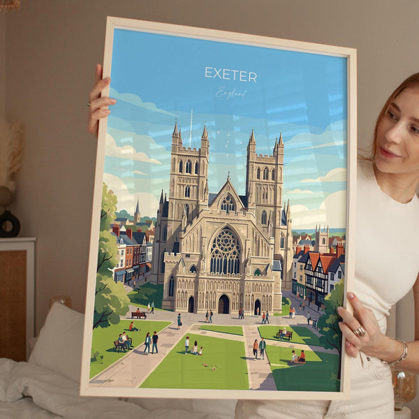 Exeter Cathedral Travel Print, Exeter Devon Wall Art, Historic England City Poster, Gothic Architecture Illustration, UK Decor, Exeter Gift