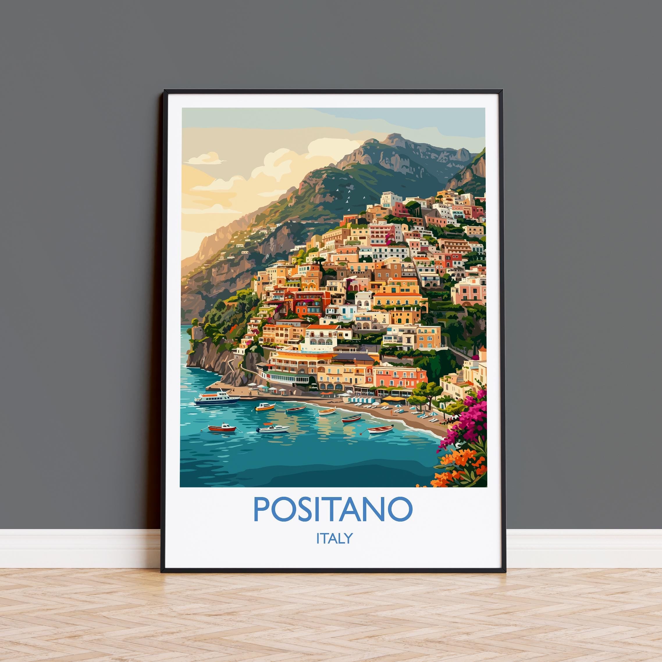 Positano Italy Travel Poster, Amalfi Coast Wall Art, Mediterranean Cliffside Village Print, Colourful Coastal Decor, Vintage Europe Style
