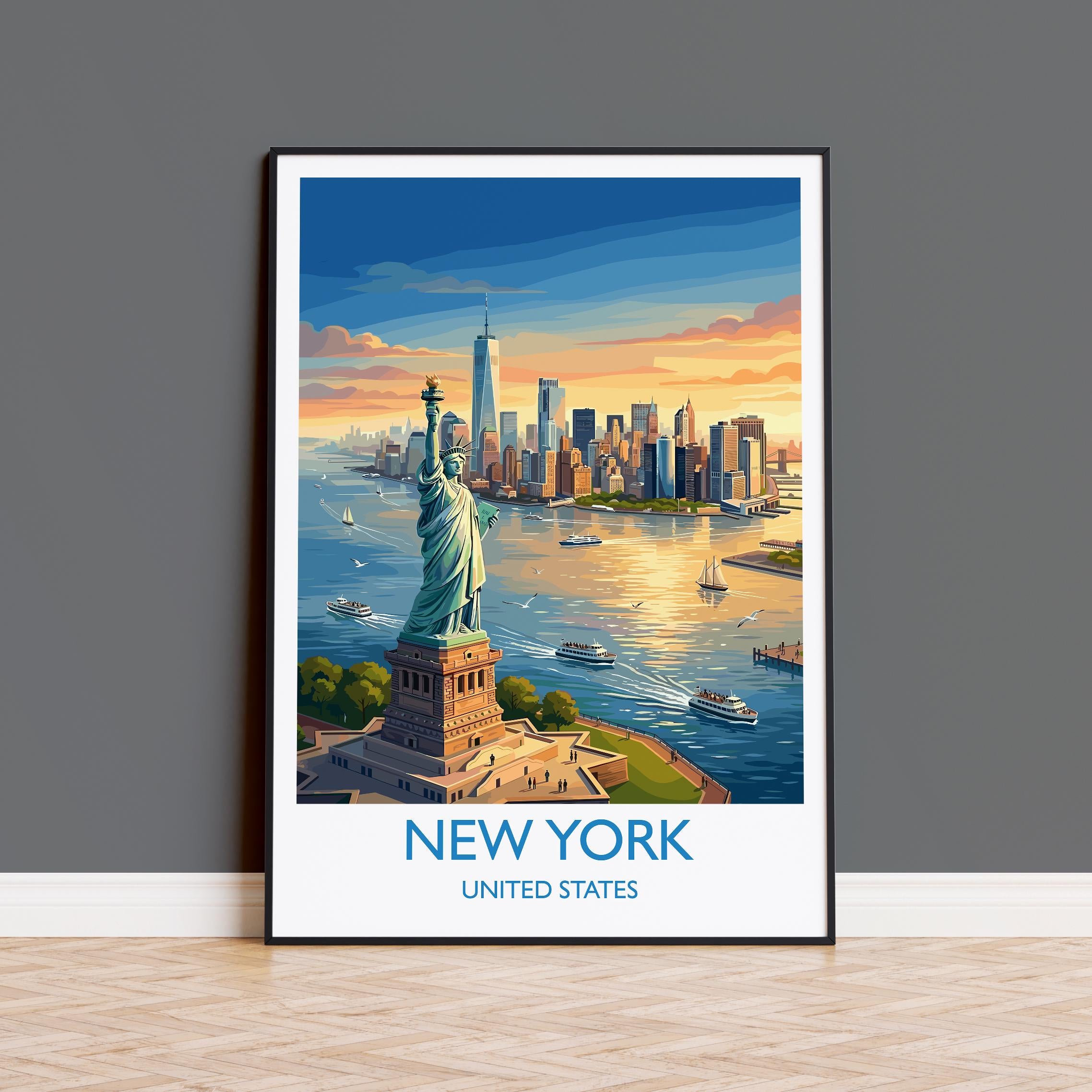 New York City Travel Poster, Statue of Liberty Wall Art, Manhattan Skyline Print, NYC Illustration, Vintage Style USA Decor