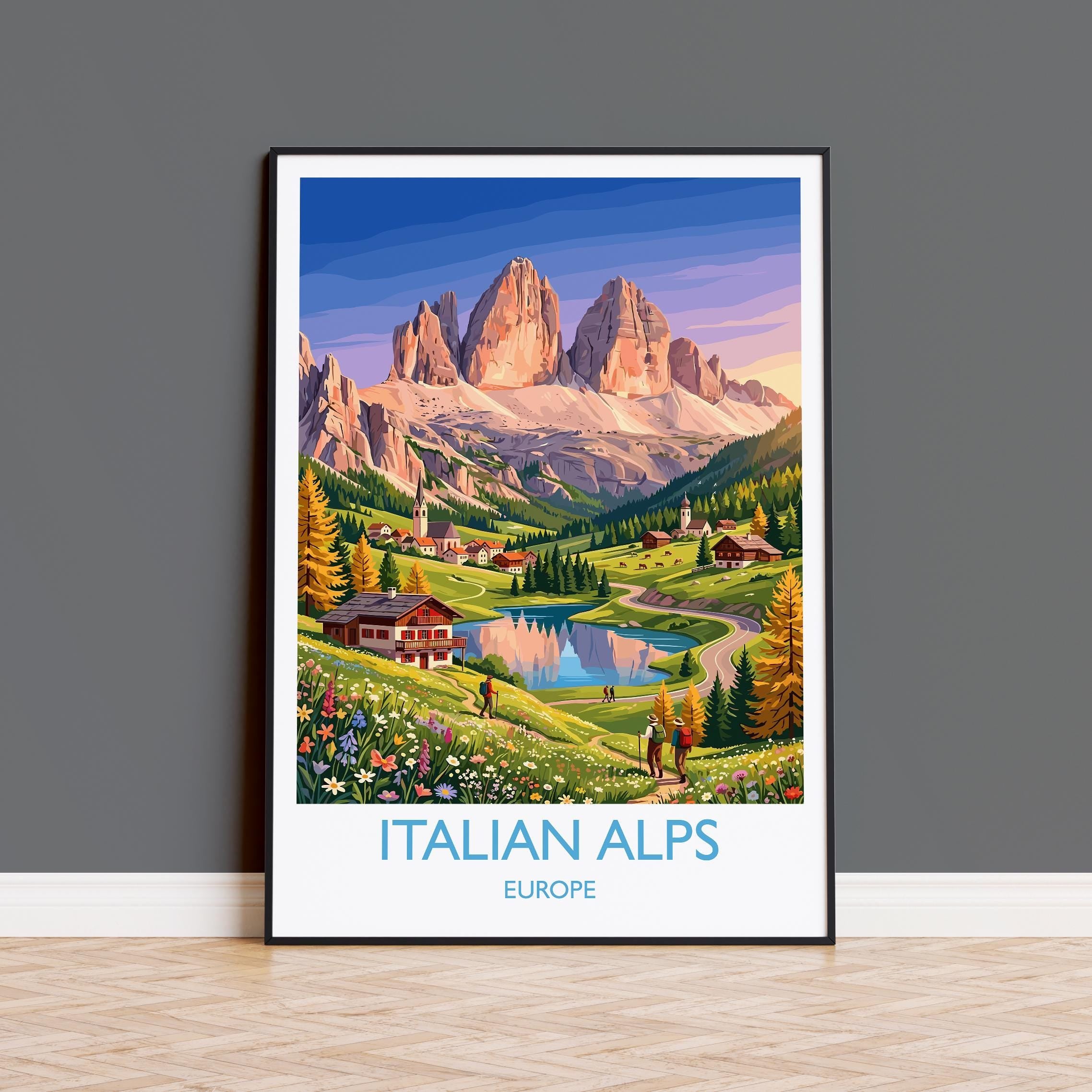 Italian Alps Travel Poster, Dolomites Mountain Wall Art, Alpine Landscape Print, Italy Mountain Illustration, Vintage Style Europe Decor