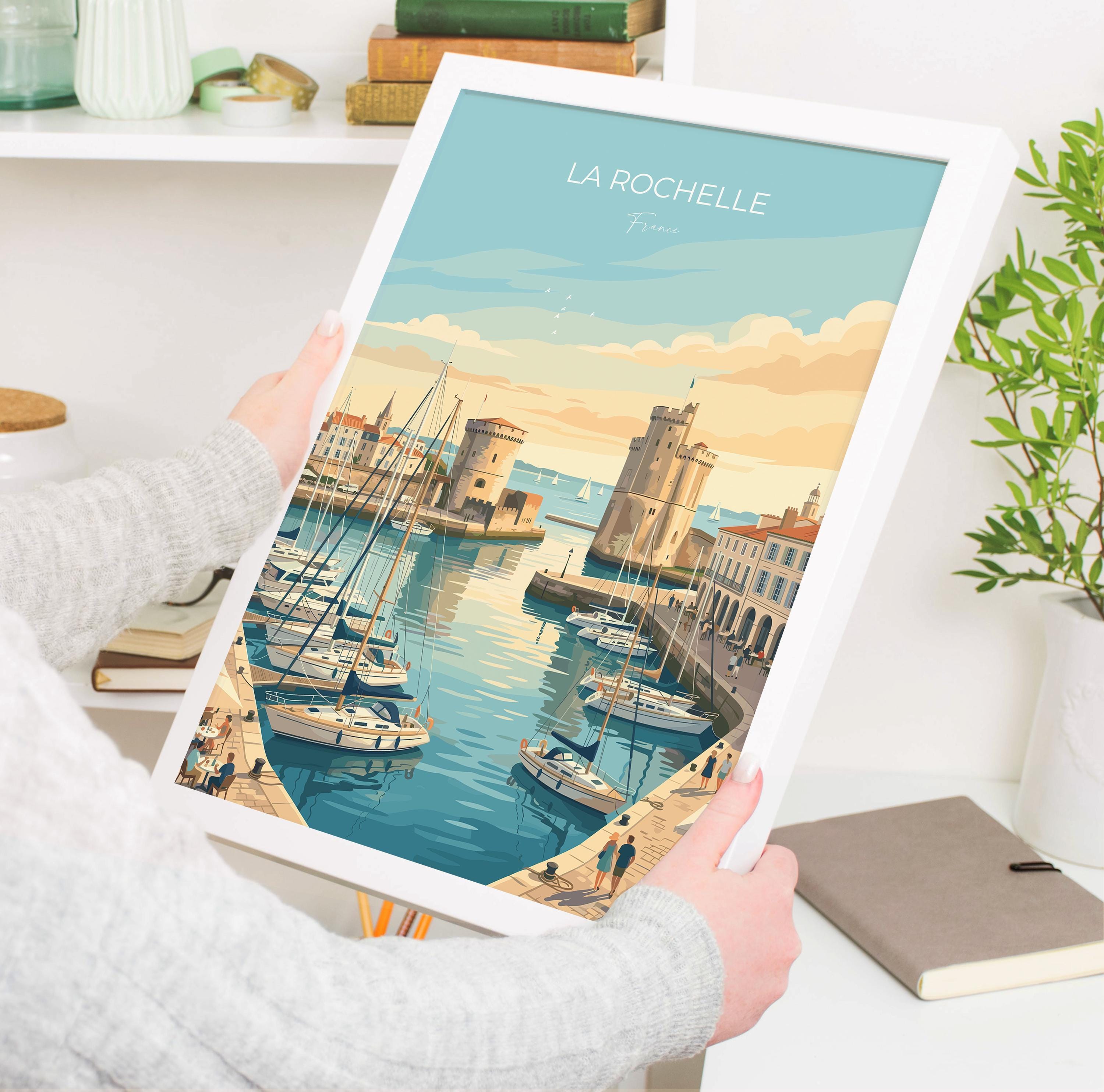La Rochelle France Art Poster, Coastal French Decor, Vintage Maritime Print, France Travel Gift, Watercolor Seascape Wall Art
