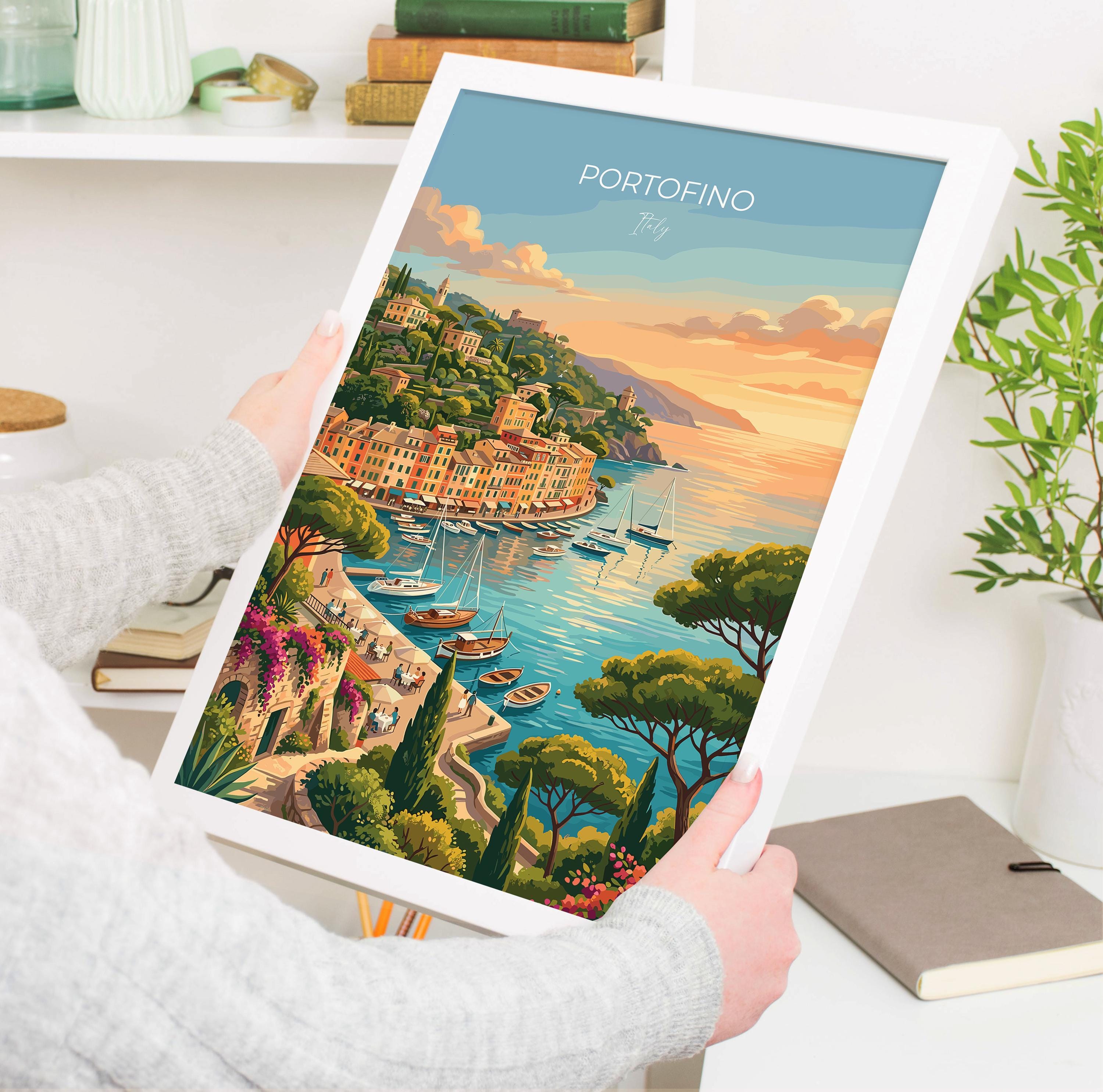 Portofino Italy Travel Print, Italian Riviera Wall Art, Colourful Harbour Poster, Mediterranean Coastal Illustration, Vintage Europe Decor