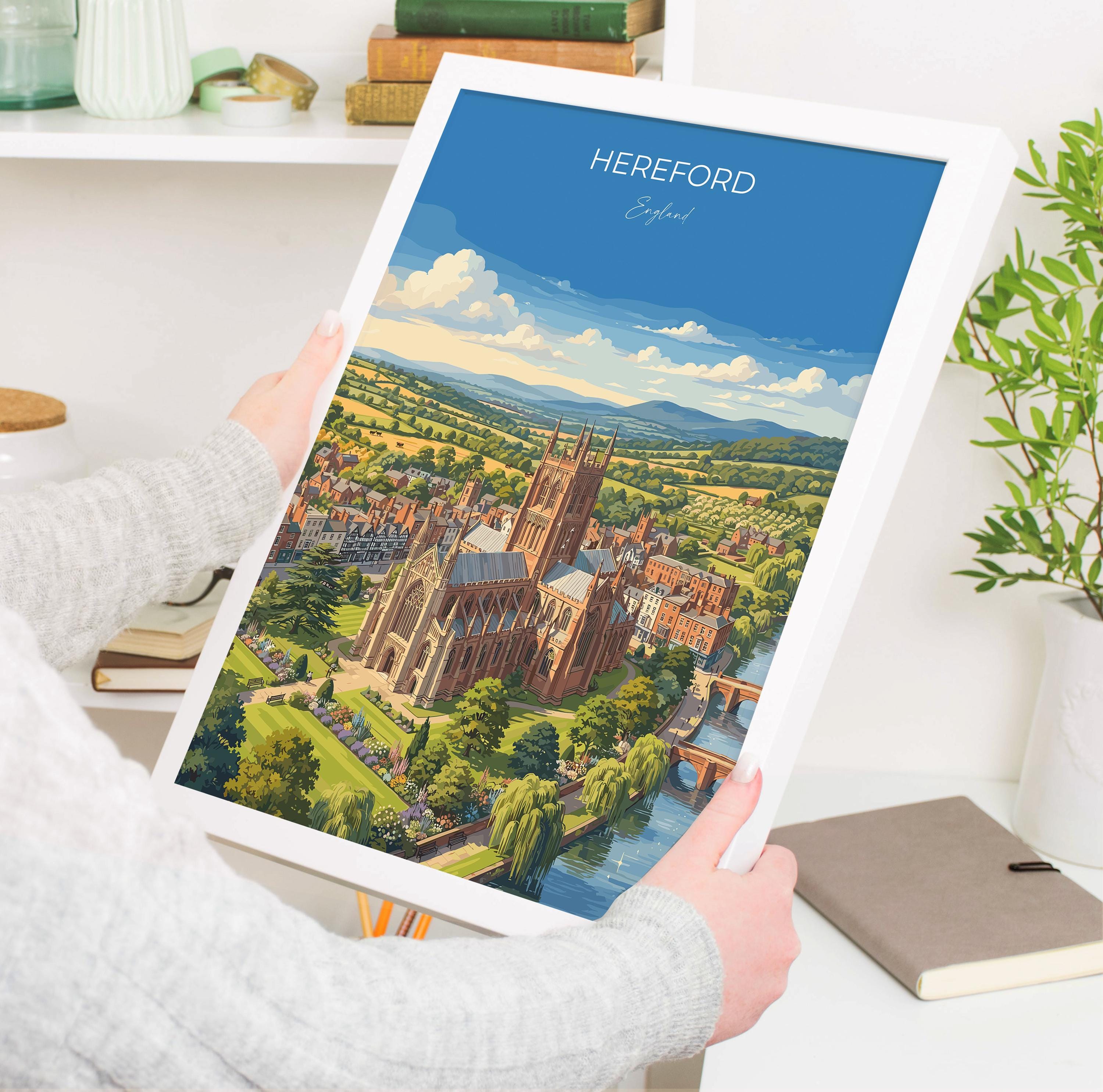 Hereford England Travel Print, Hereford Cathedral Wall Art, River Wye Poster, Historic City Illustration, Vintage Style UK Decor