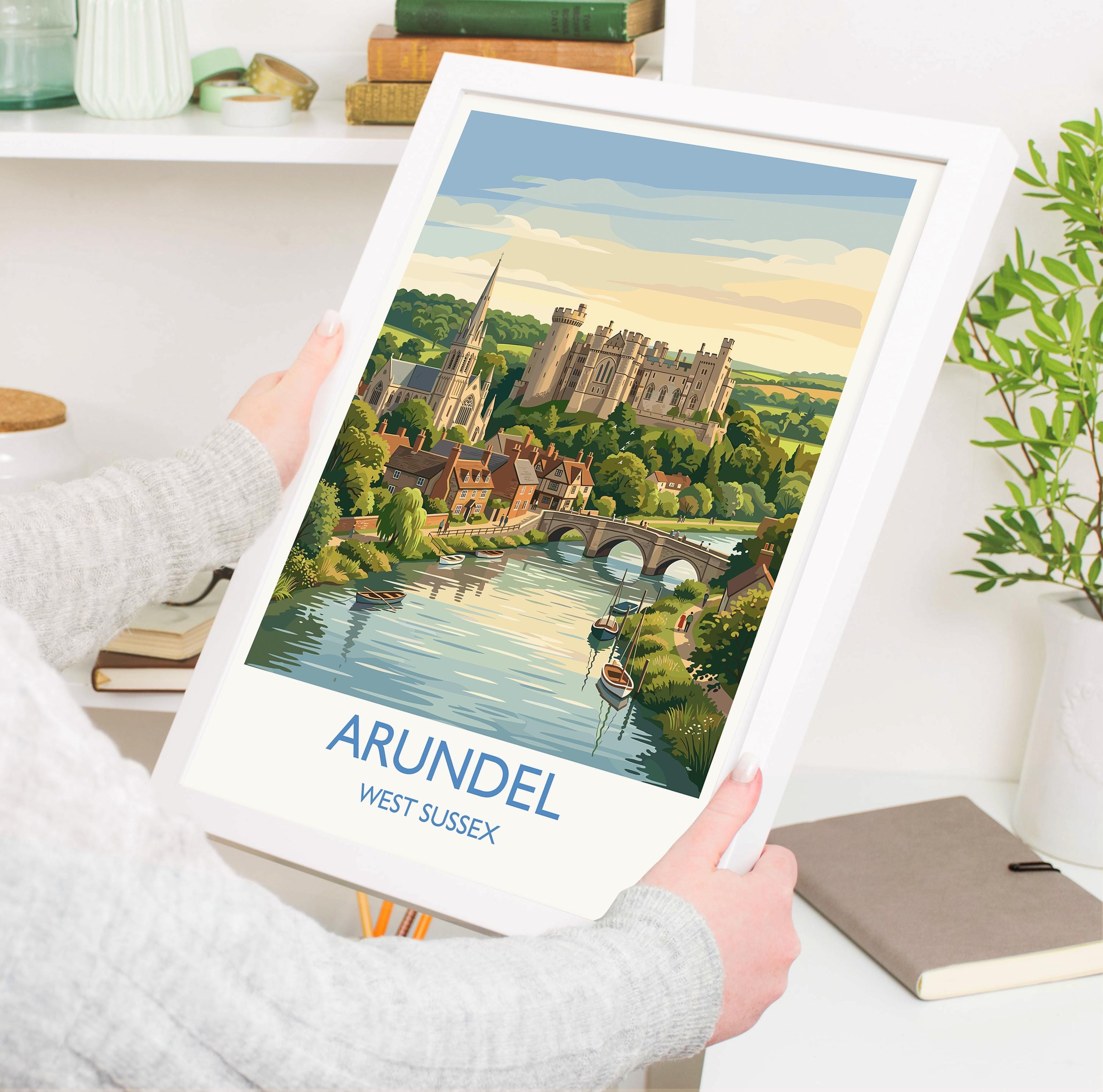 Arundel Castle Travel Poster, Arundel Cathedral River View Wall Art, West Sussex Print, Historic Town Illustration, Vintage Style UK Decor