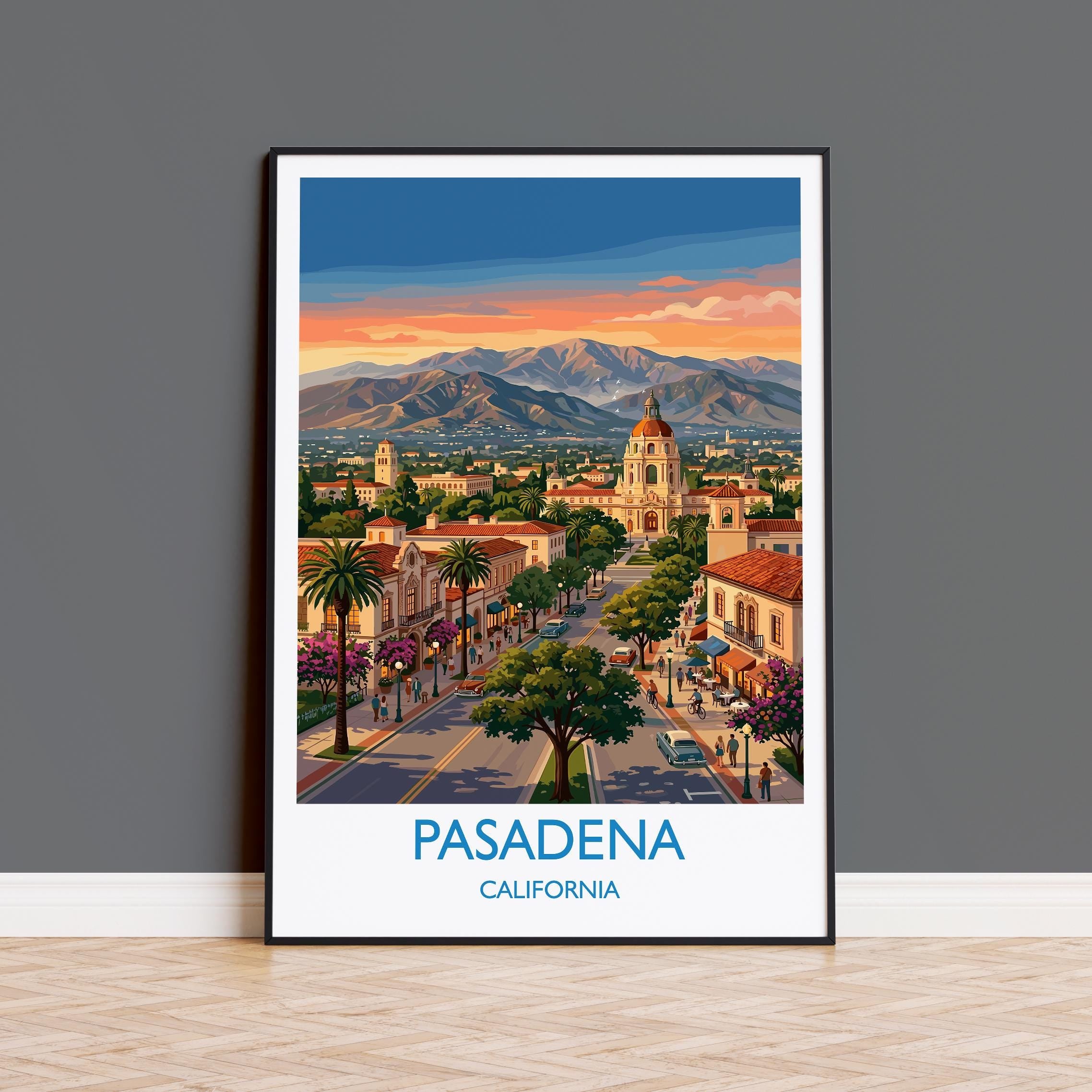 Pasadena California Travel Poster, City Hall Wall Art, Southern California Print, Historic Architecture Illustration, Vintage USA Decor