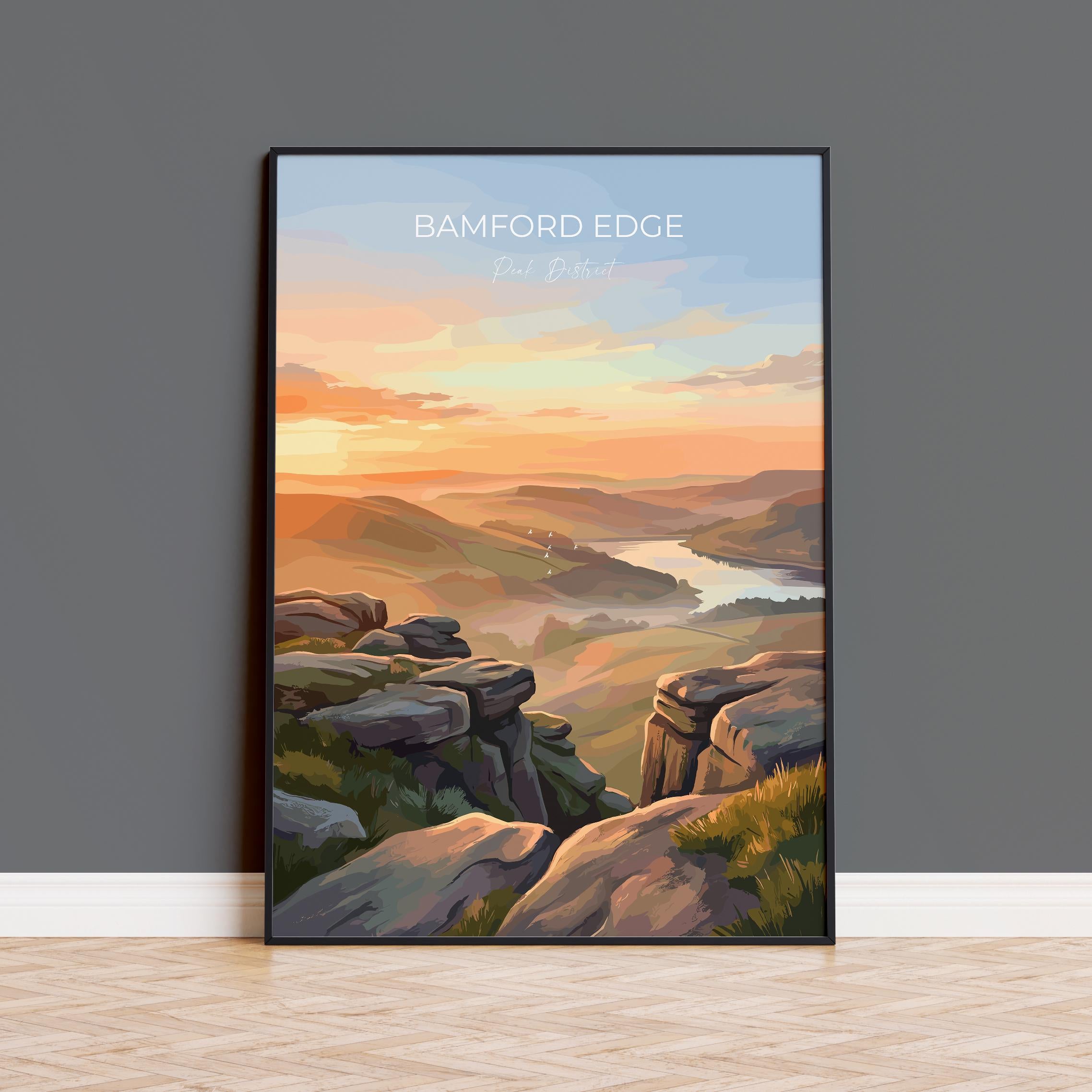 Bamford Edge Travel Print, Peak District Wall Art, Derbyshire Landscape Poster, Hope Valley View Illustration, Vintage Style UK Nature Decor