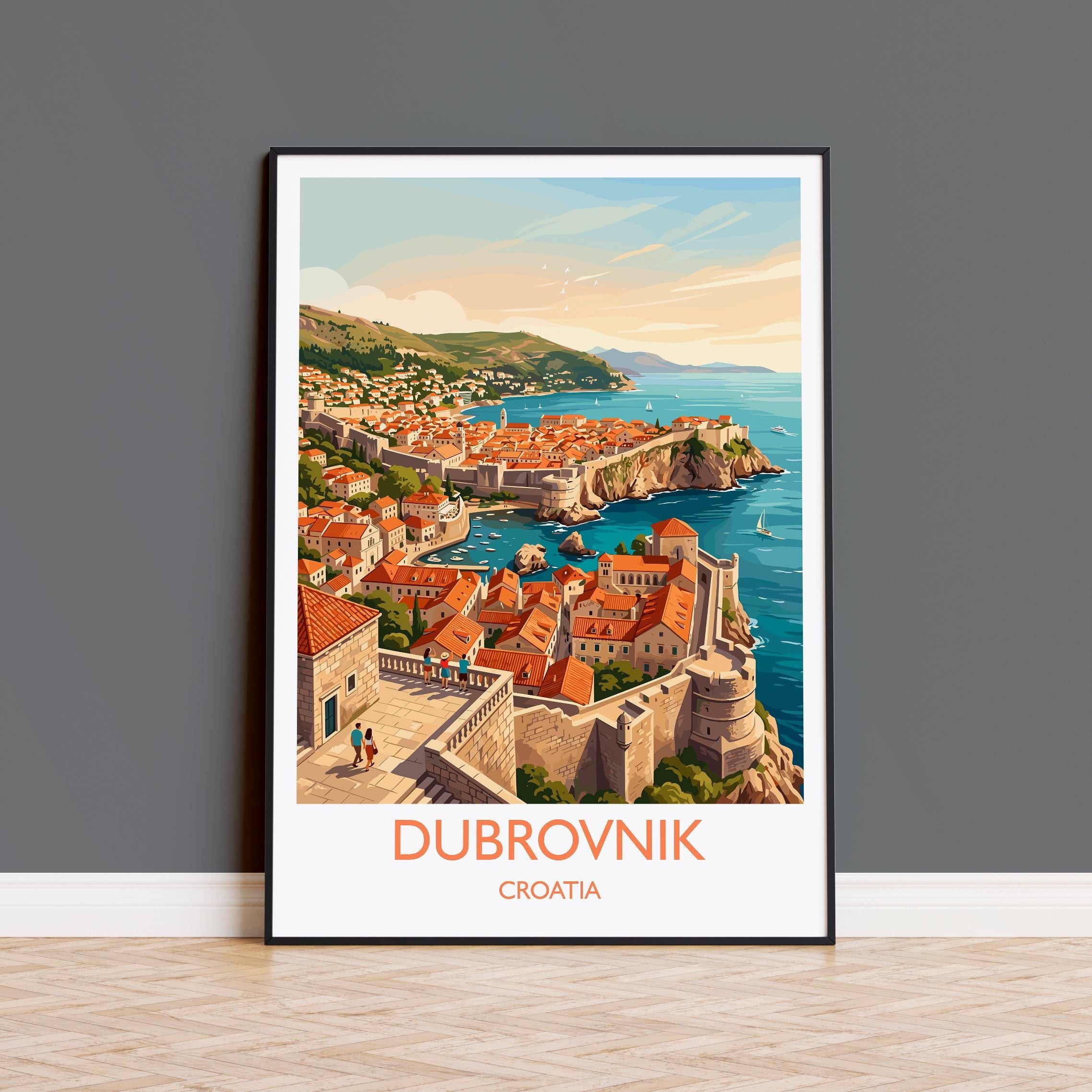 Dubrovnik Croatia Travel Poster, Old Town Wall Art, Adriatic Coast Print, Historic City Walls Illustration, Vintage Style Europe Decor