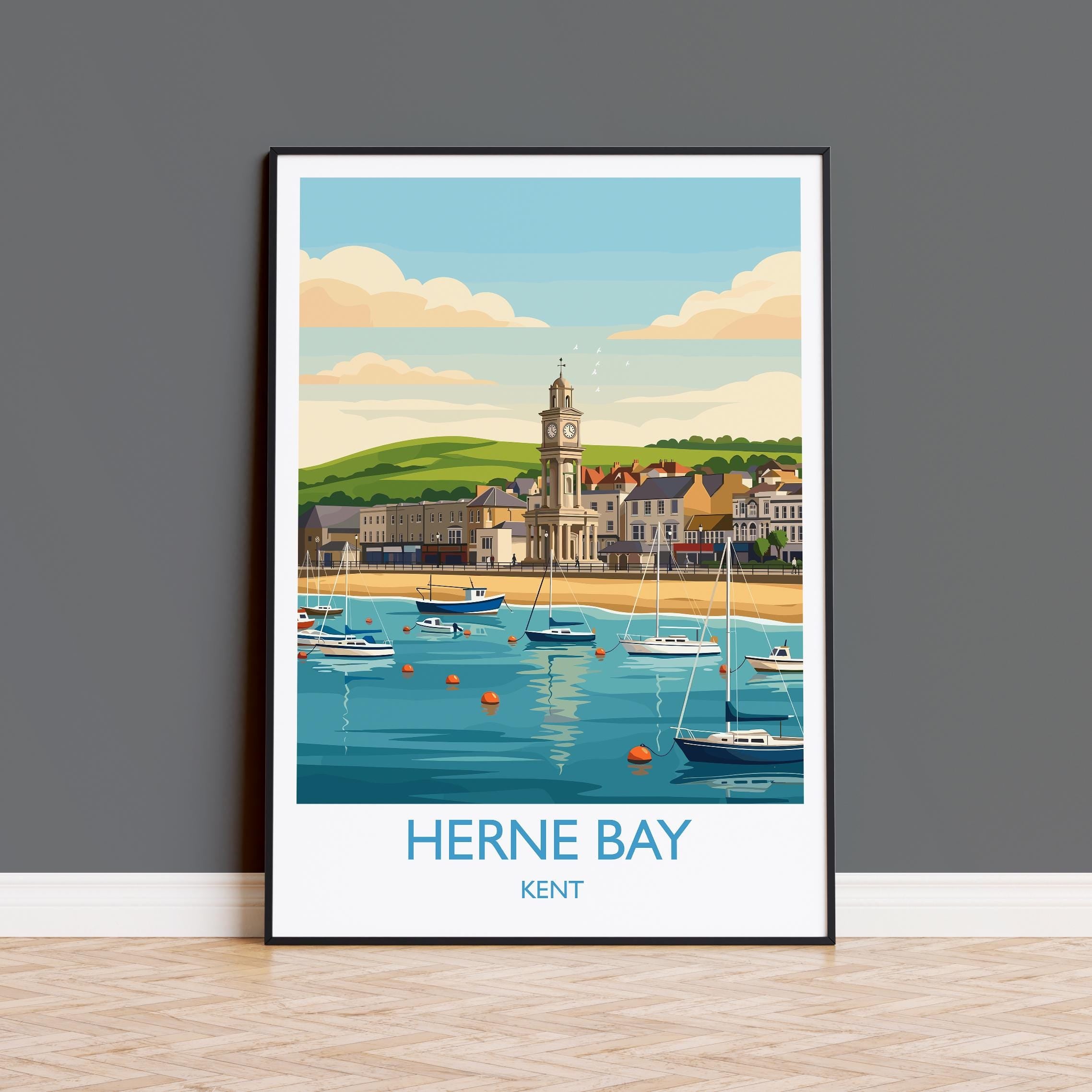 Herne Bay Travel Poster, Kent Seaside Wall Art, Herne Bay Clock Tower Print, Beachfront Illustration, Vintage Style UK Coastal Decor