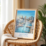 Salford Quays Travel Poster, Salford Manchester Wall Art, MediaCityUK Waterfront Print, Modern Skyline Illustration, Vintage Style UK Decor