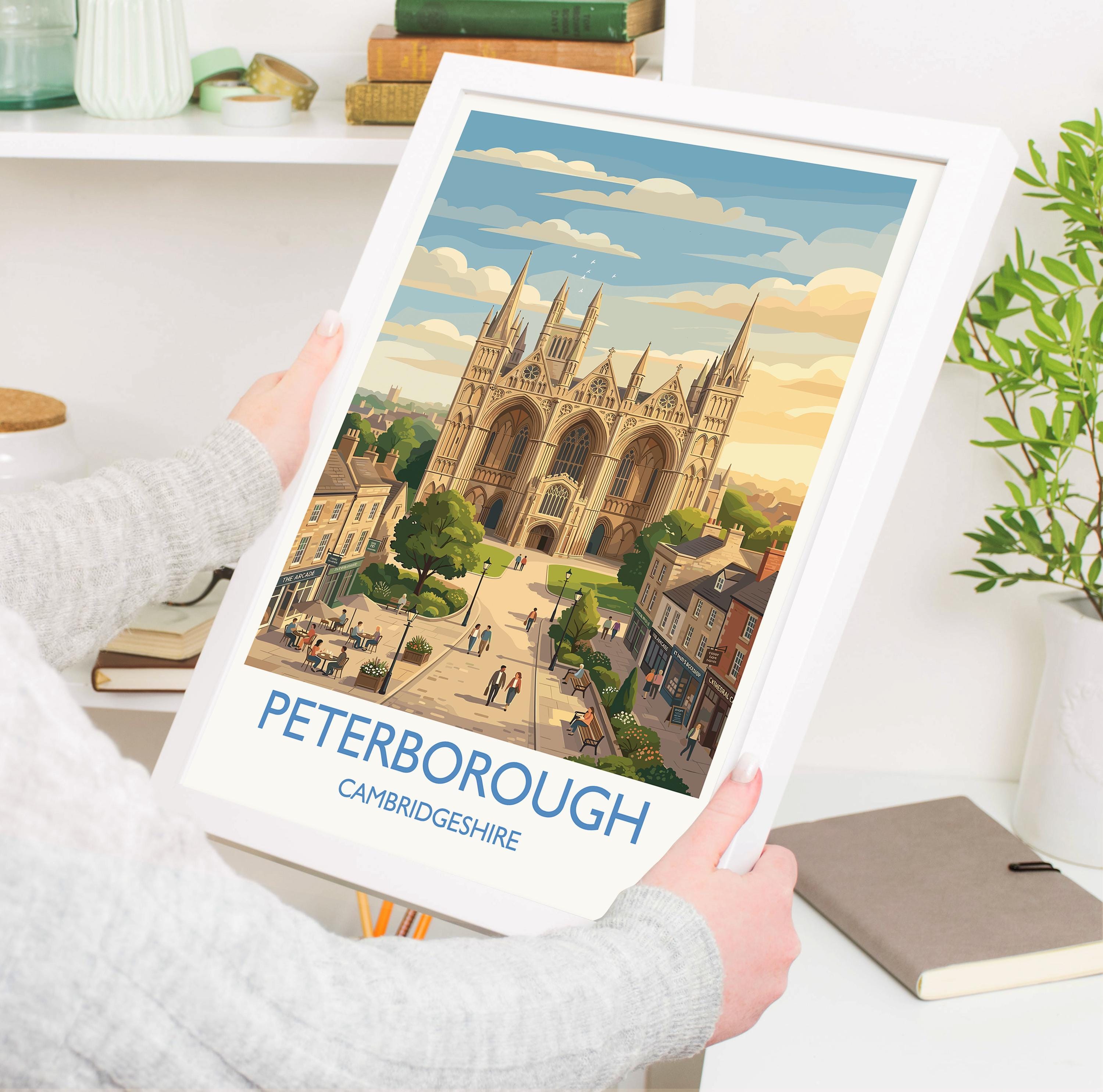 Peterborough Cambridgeshire Travel Poster, Peterborough Cathedral Wall Art, Historic City Print, England Illustration, Vintage Style Decor