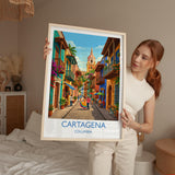 Cartagena Colombia Travel Poster, Colourful Old Town Street Art, Cartagena Street Scene Print, Caribbean Travel Wall Art, Vintage Style Art