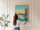 Canary Wharf London Travel Print, Royal Victoria Dock Wall Art, London Skyline Poster, O2 & Cable Car, East London Travel Poster