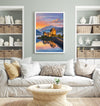 Eilean Donan Castle Scotland Travel Print, Scottish Highlands Castle Wall Art, Sunset Landscape Poster, Iconic Scotland Illustration