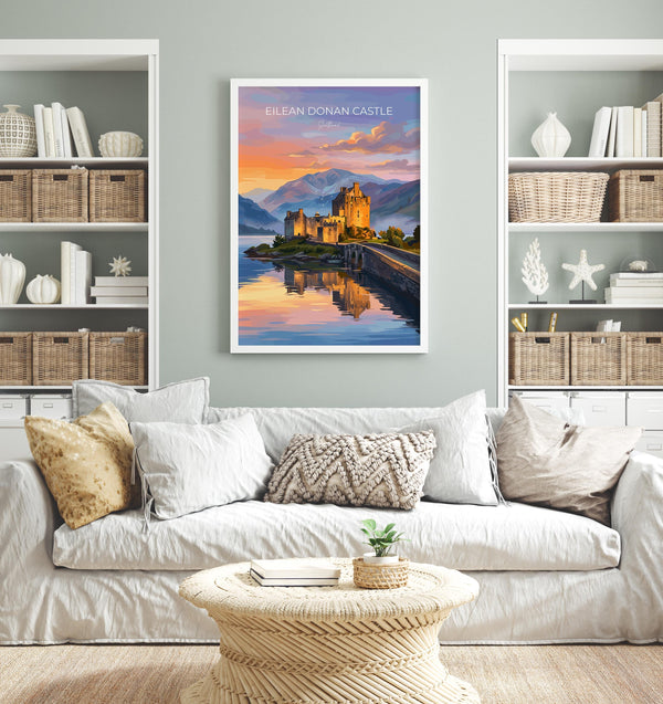 Eilean Donan Castle Scotland Travel Print, Scottish Highlands Castle Wall Art, Sunset Landscape Poster, Iconic Scotland Illustration