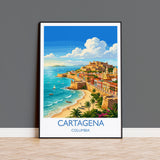 Cartagena Colombia Travel Poster, Colourful Old Town Street Art, Cartagena Street Scene Print, Caribbean Travel Wall Art, Vintage Style Art
