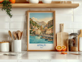 Amalfi Italy Travel Poster, Amalfi Coast Wall Art, Mediterranean Seaside Print, Colourful Coastal Village Illustration, Vintage Europe Decor