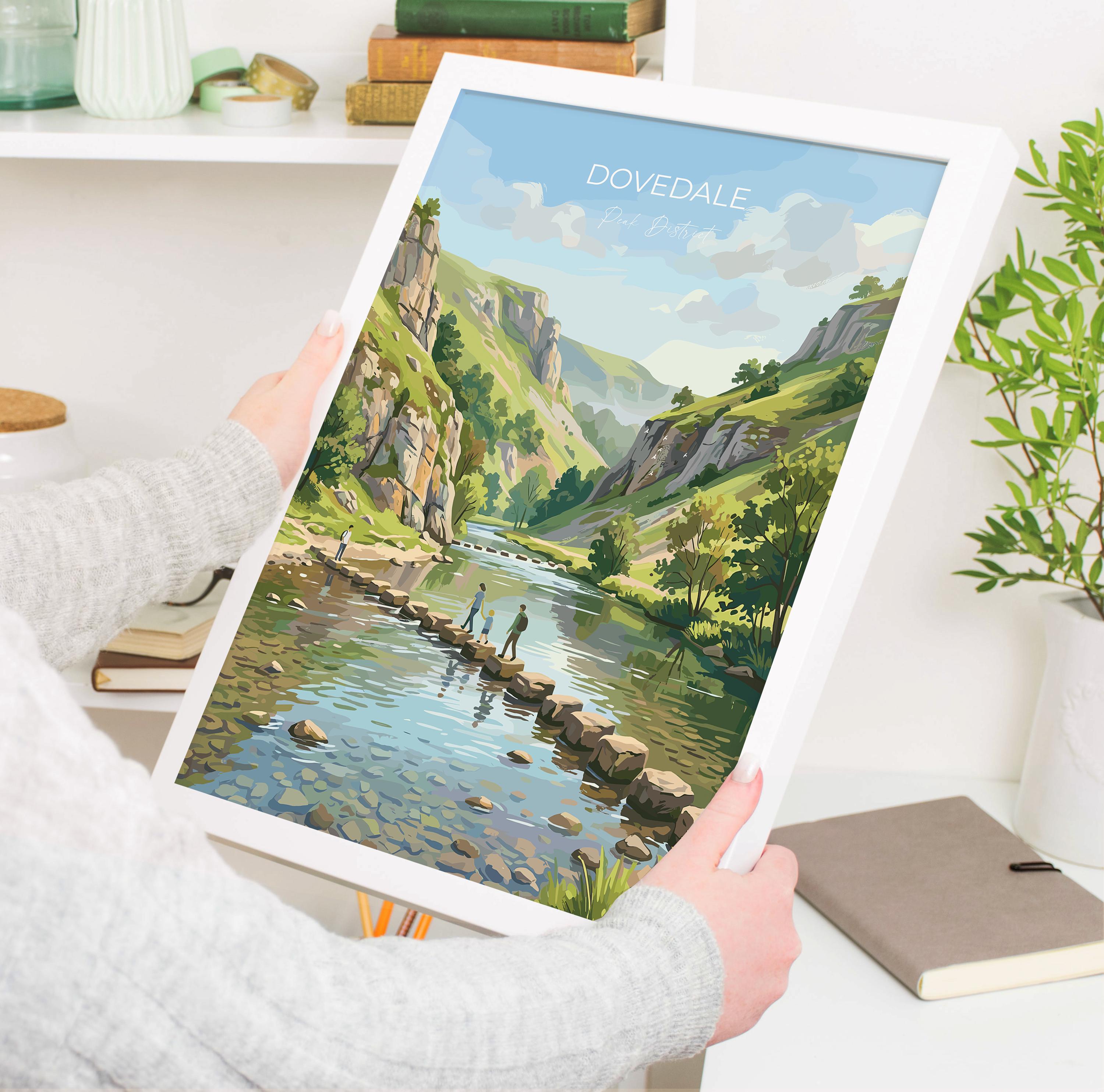 Dovedale Stepping Stones Travel Poster, Peak District Wall Art, Derbyshire Landscape Print, River Dove Illustration, UK Nature Decor