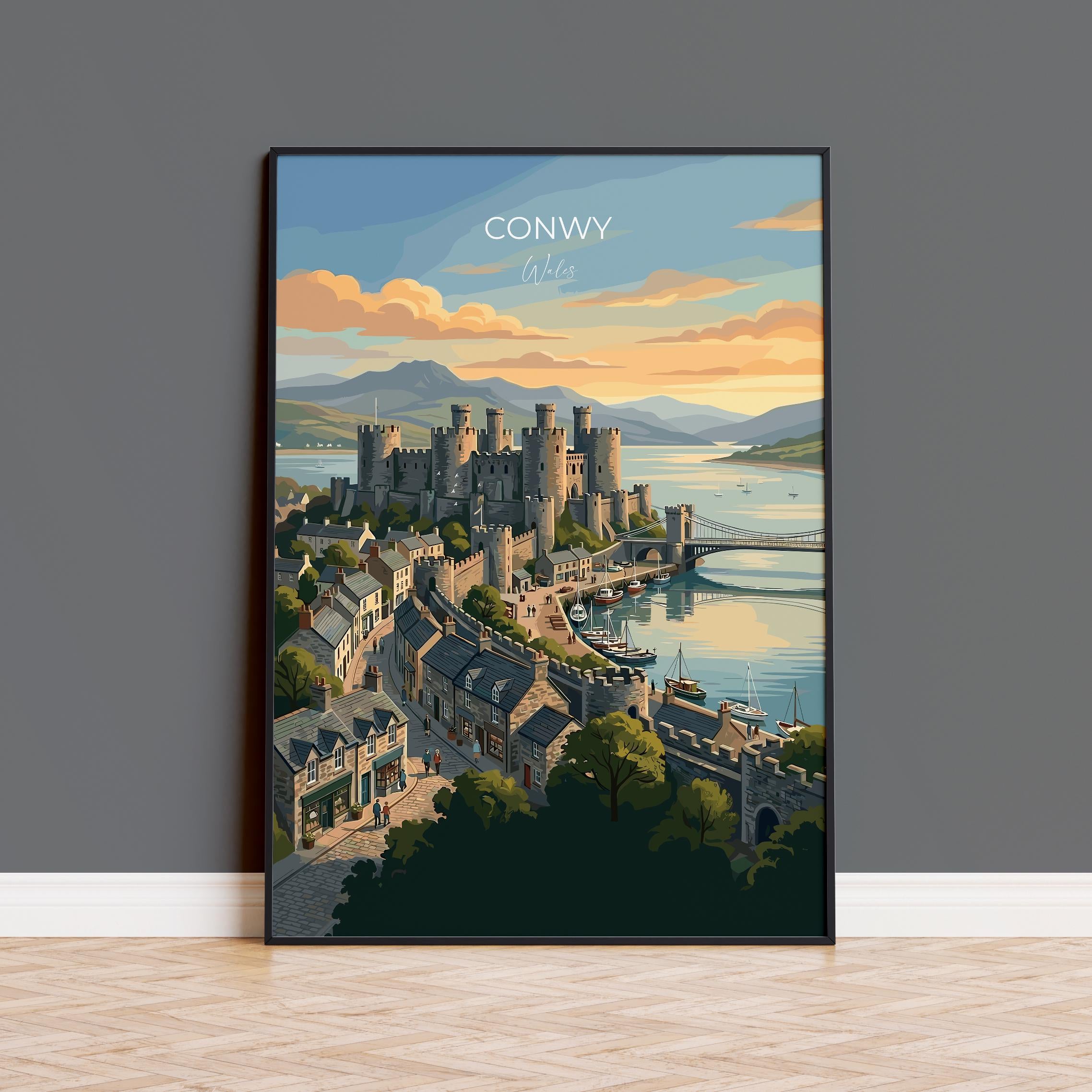 Conwy Wales Travel Print, Conwy Castle Wall Art, Historic Harbour Poster, North Wales Illustration, Vintage Style UK Decor