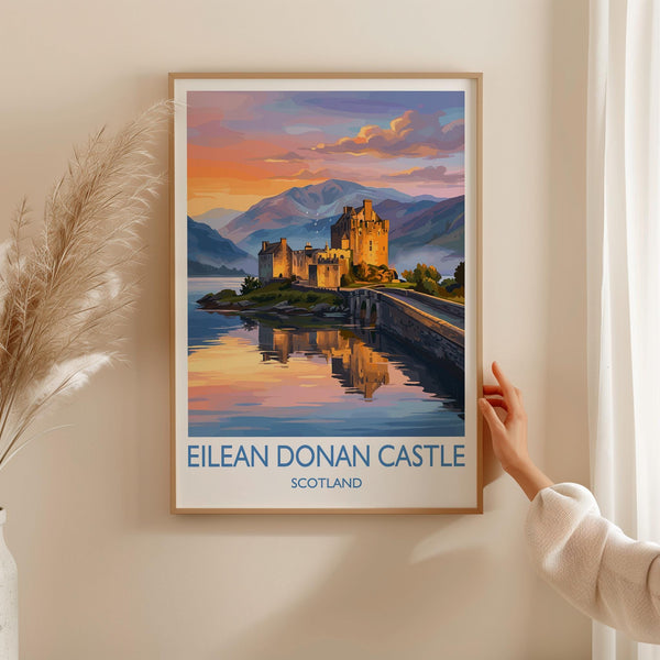 Eilean Donan Castle Scotland Travel Poster, Scottish Highlands Castle Sunset Wall Art, Landscape Print, Iconic Scotland Illustration,