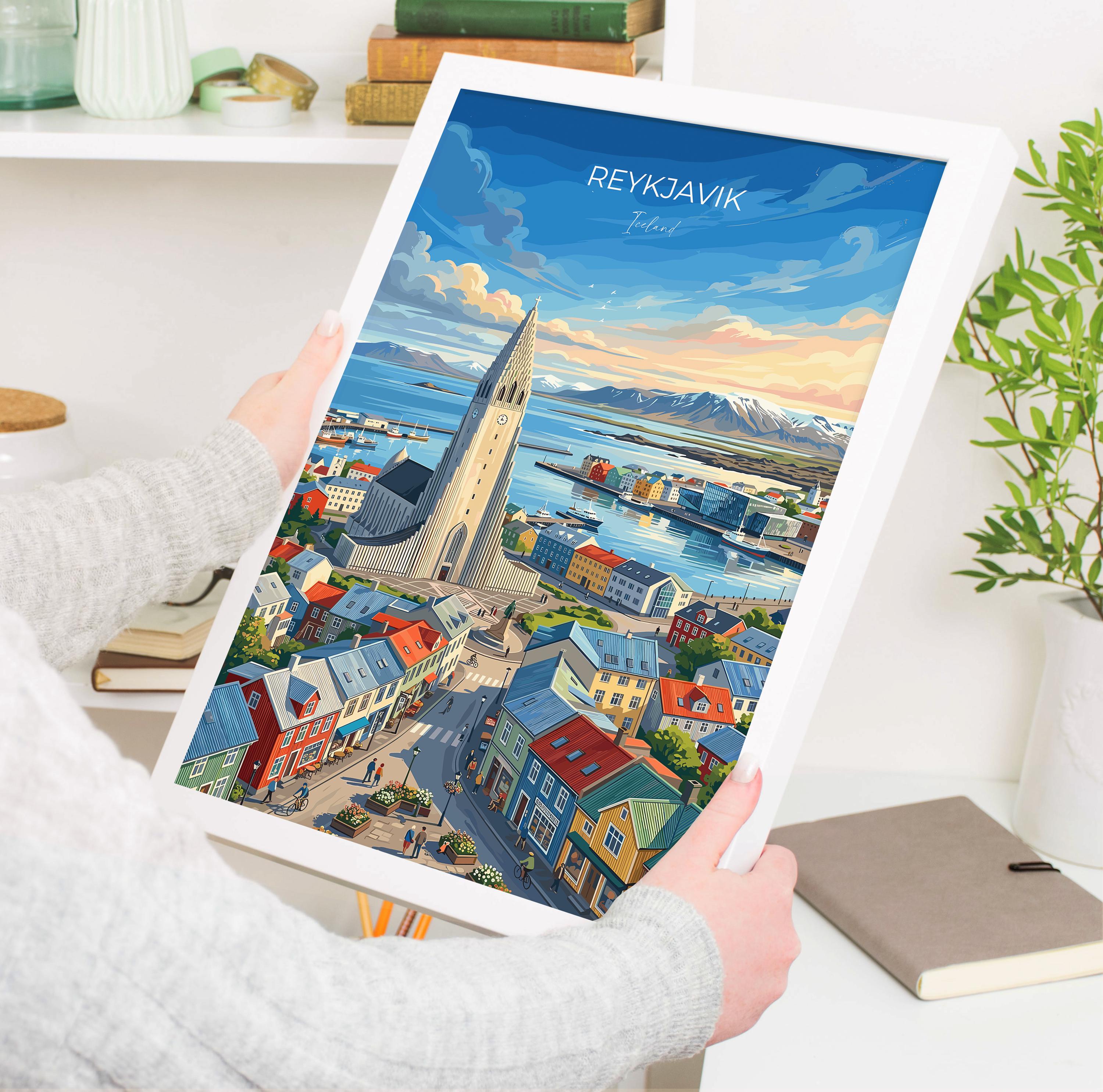 Reykjavik Iceland Travel Print, Hallgrímskirkja Wall Art, Iceland City Print, Colourful Skyline Illustration, Vintage Style Nordic Decor