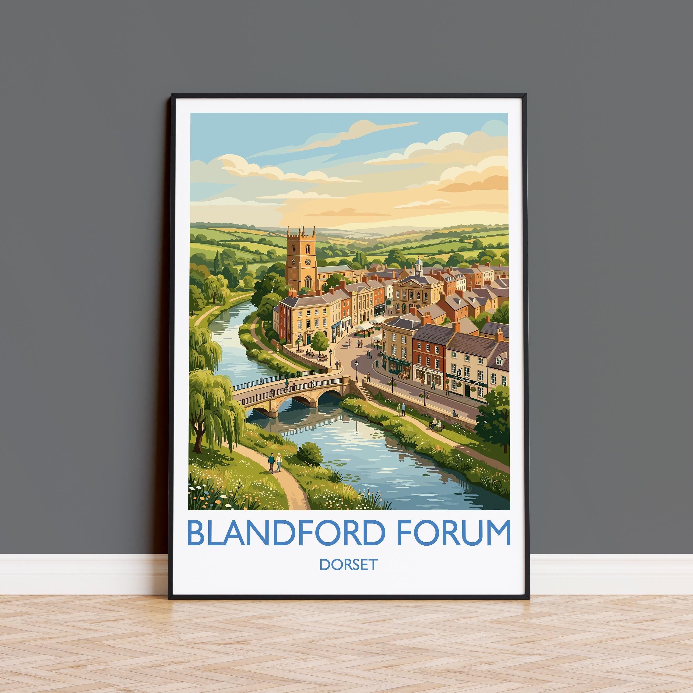 Blandford Forum Dorset Print, Georgian Market Town Wall Art, River Stour Travel Poster, English Countryside Decor, Dorset Gift