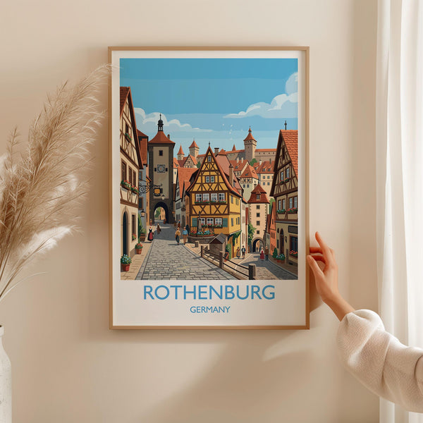 Rothenburg ob der Tauber Travel Poster, Medieval German Town Print, Bavaria Wall Art, Romantic Road Illustration, Germany Travel Decor