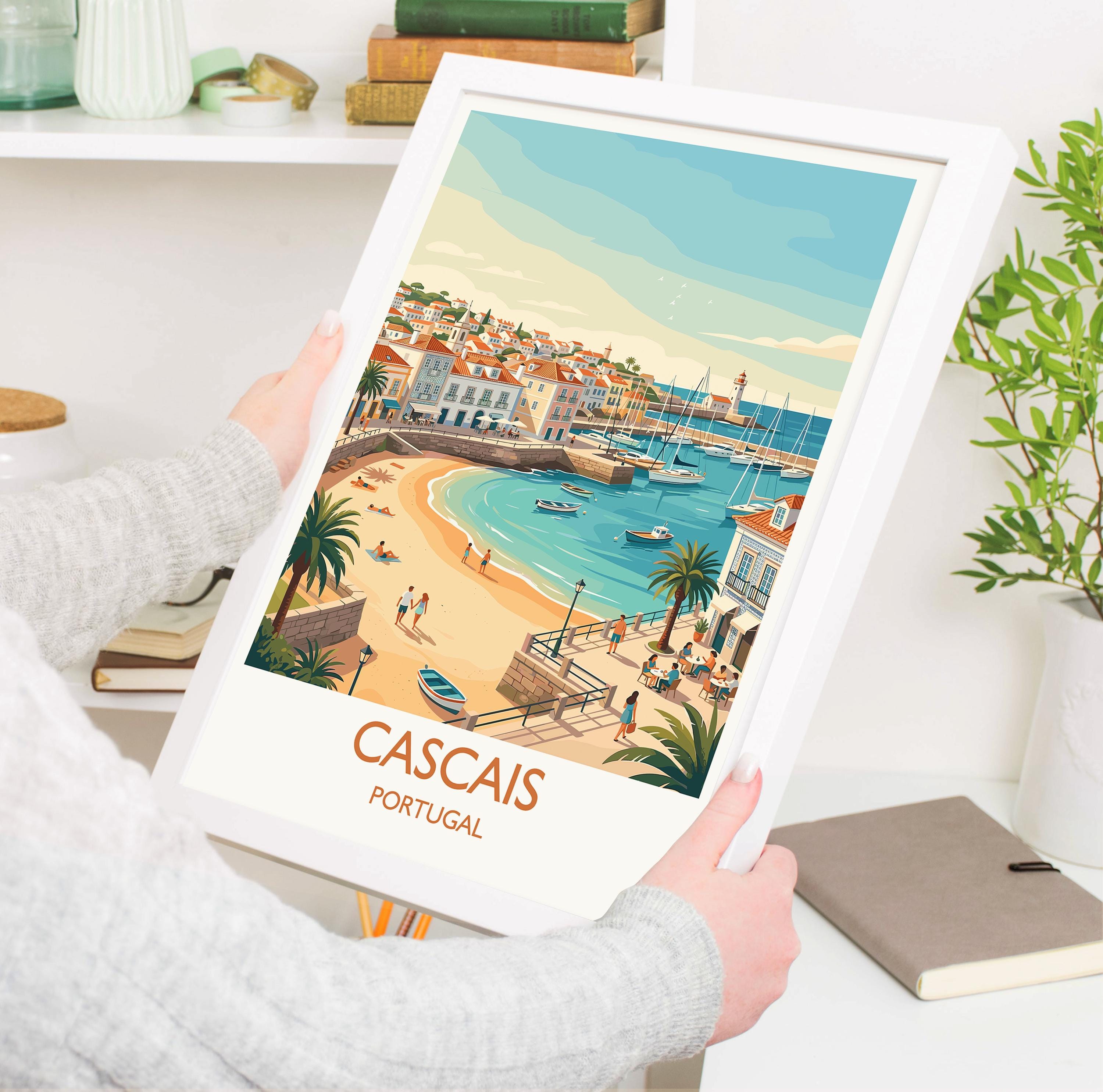Cascais Portugal Travel Poster, Portuguese Coast Wall Art, Seaside Town Print, Atlantic Ocean Landscape Illustration, Europe Decor