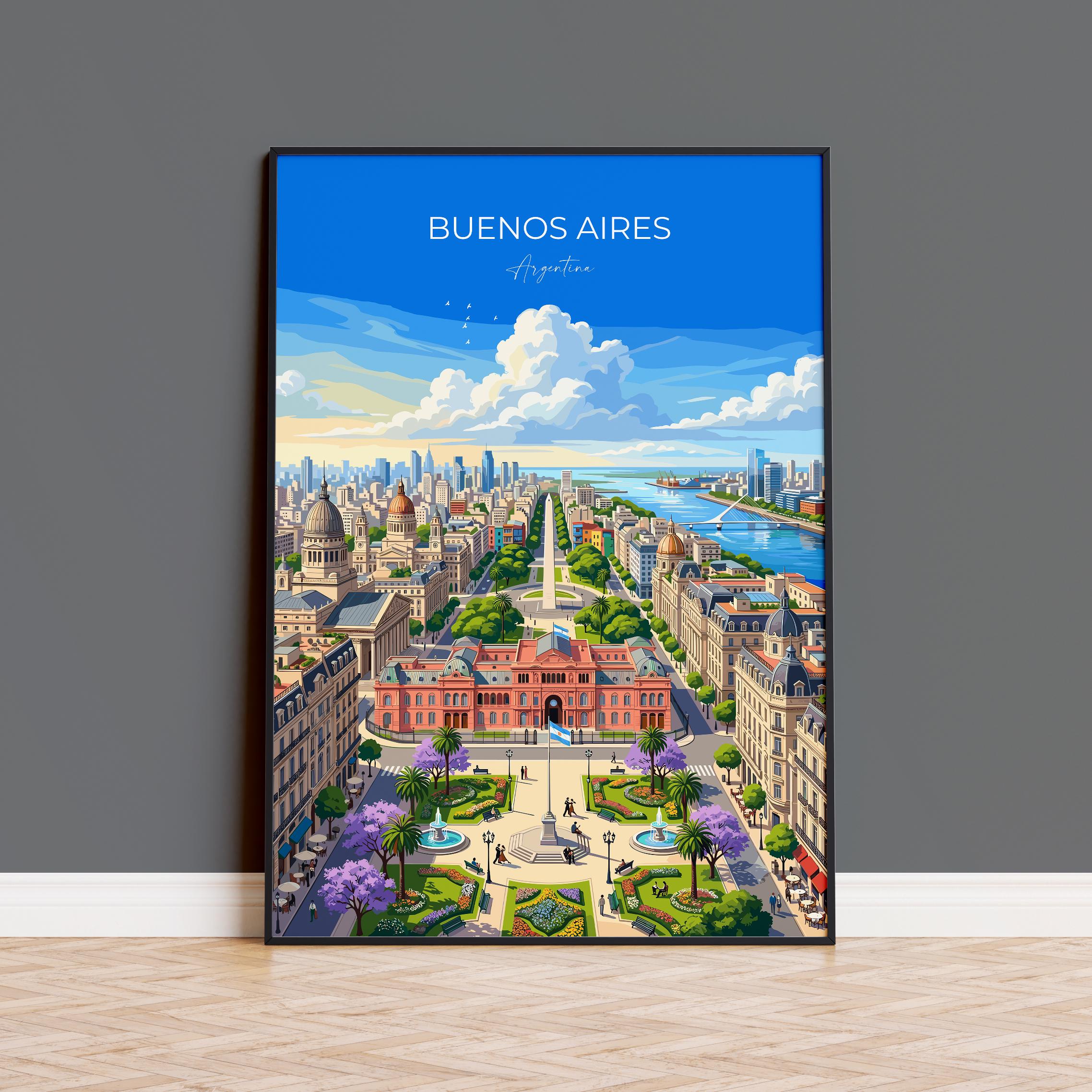Buenos Aires Argentina Travel Poster, Buenos Aires Skyline Wall Art, Obelisk Print, Plaza de la República, Vintage Style South America Decor