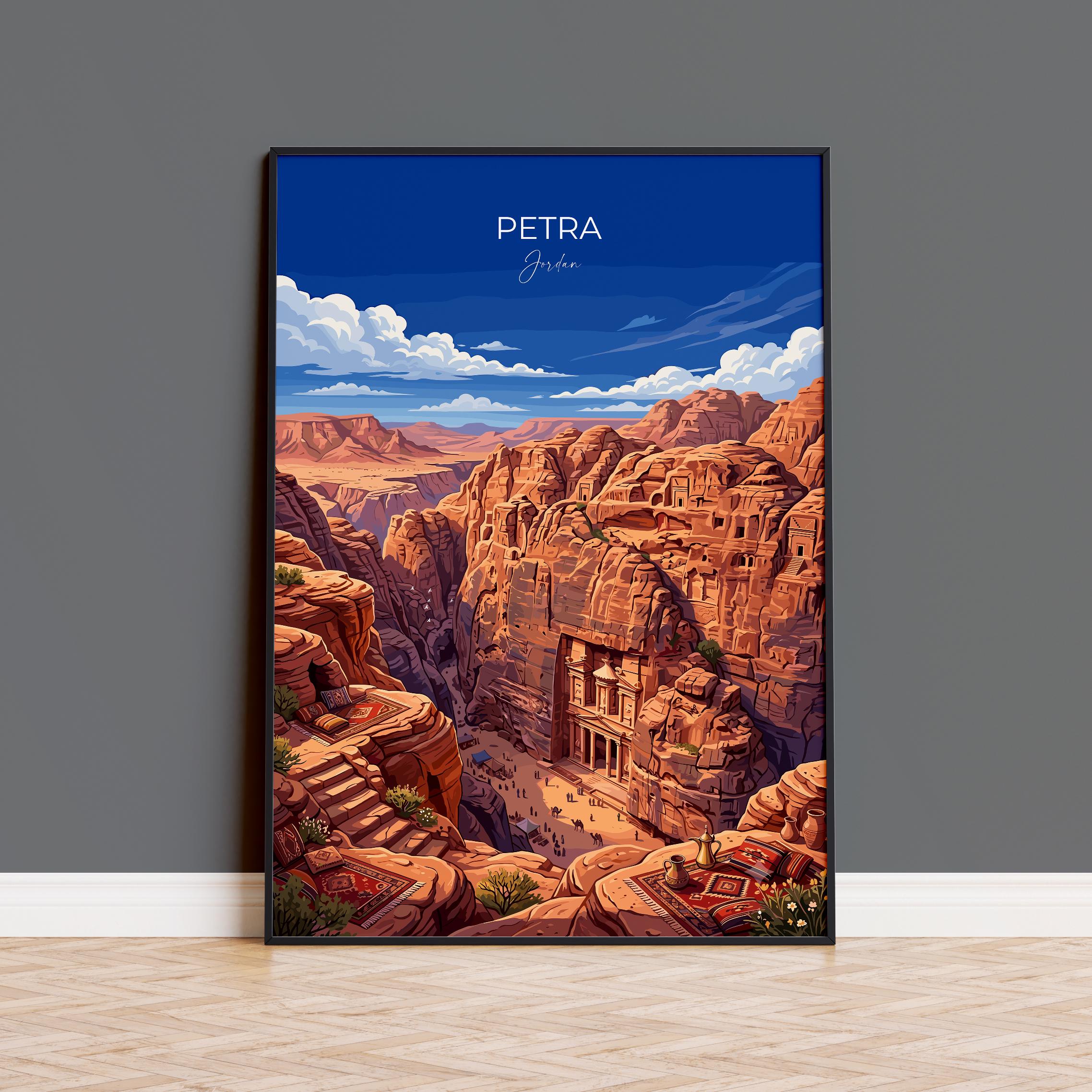 Petra Jordan Travel Print, Al-Khazneh Treasury Wall Art, Rose City Poster, Ancient Wonder Illustration, Vintage Style Middle East Decor