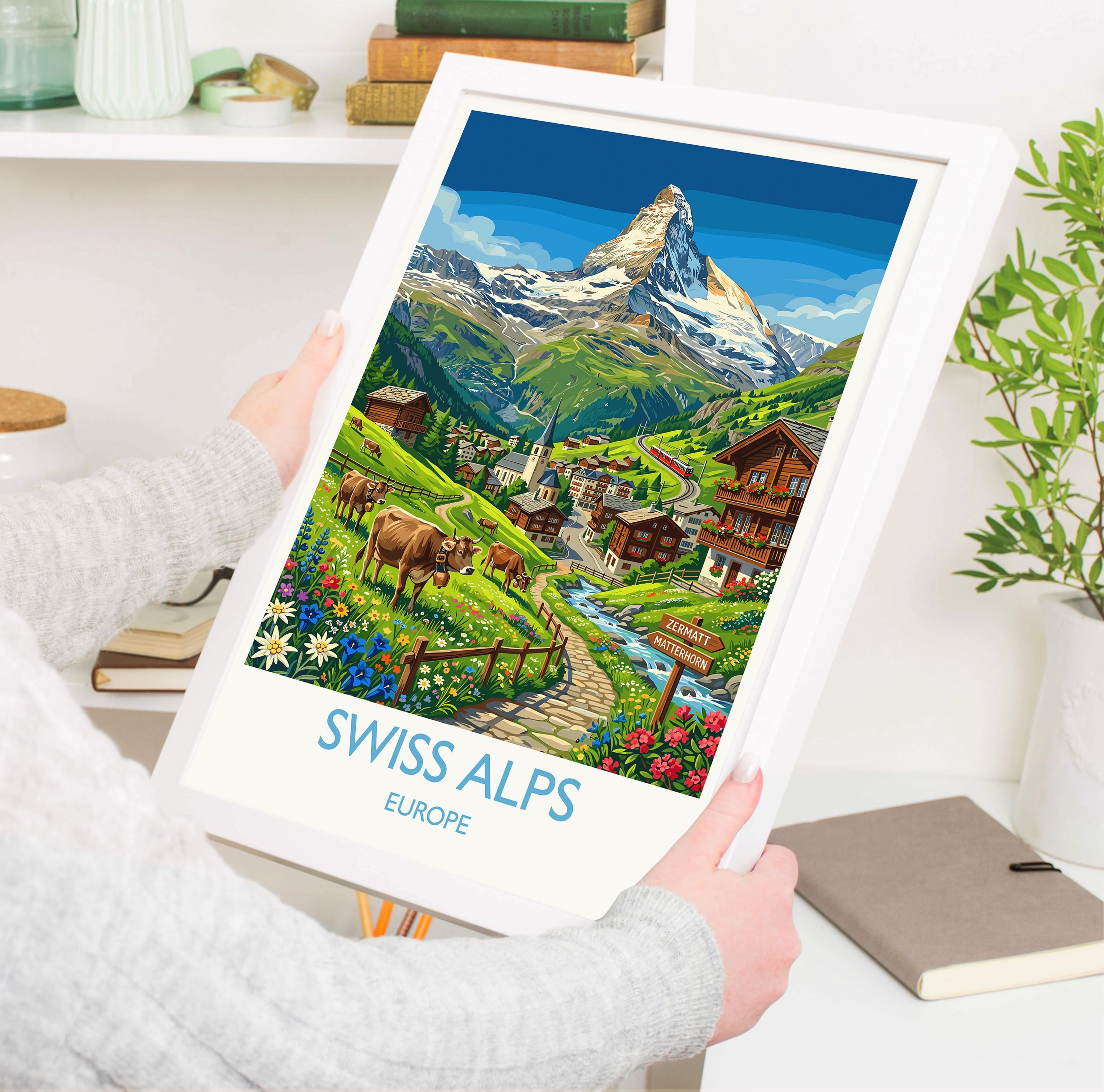 Swiss Alps Travel Poster, Switzerland Mountain Wall Art, Alpine Landscape Print, Snow-Capped Peaks Illustration, Vintage Style Europe Decor