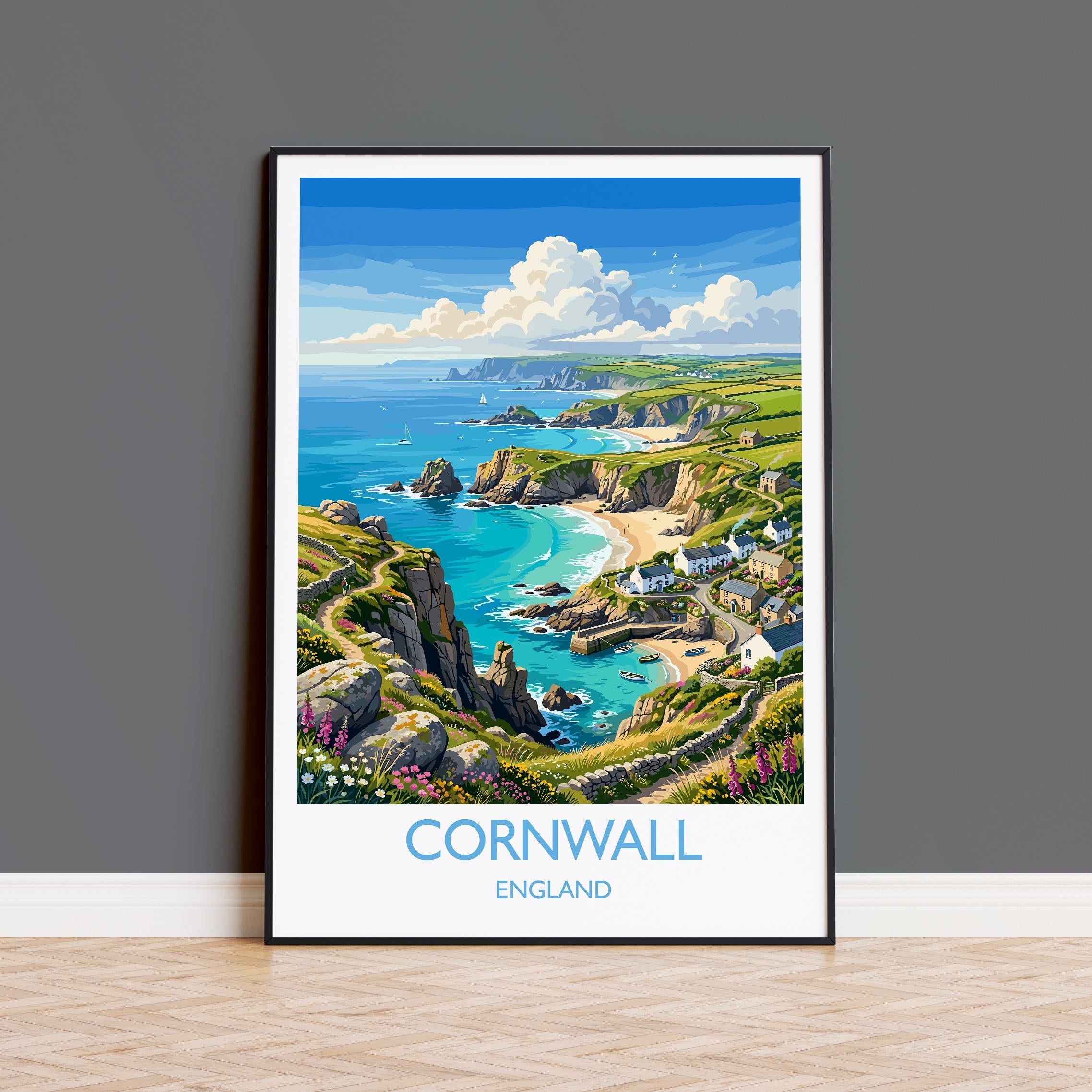 Cornwall England Travel Poster, Cornish Coast Wall Art, Coastal Landscape Print, Seaside Illustration, Vintage Style UK Decor