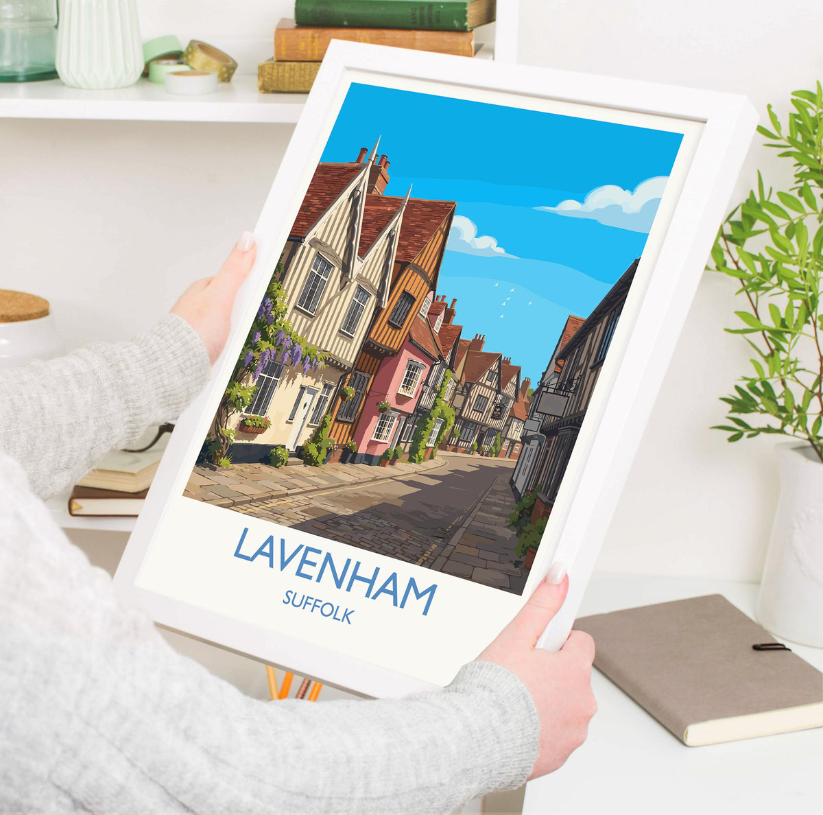Lavenham Suffolk Travel Poster, Medieval Village Wall Art, Guildhall Print, Timber-Framed Houses Illustration, Vintage Style UK Decor