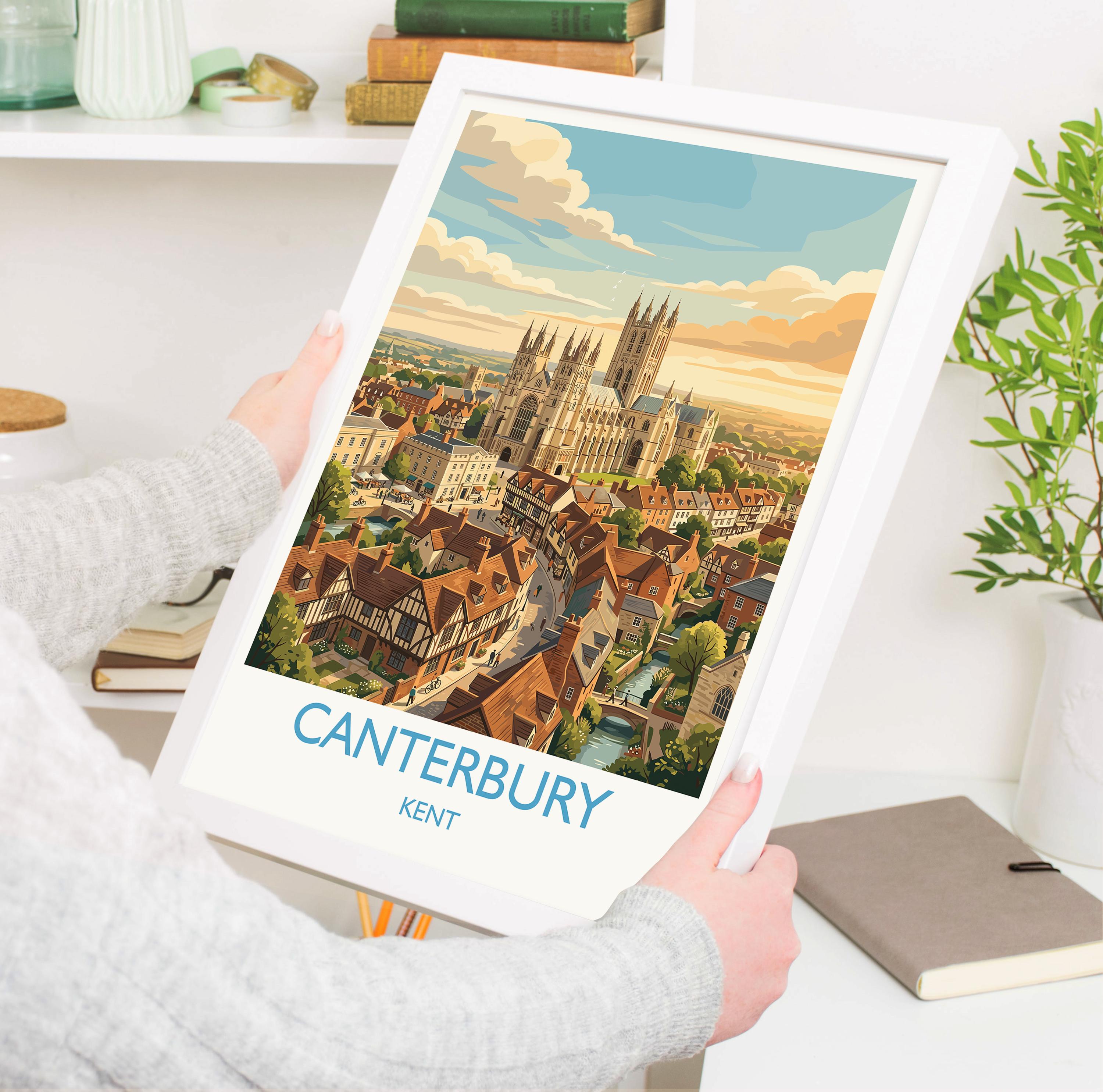 Canterbury Kent Travel Poster, Canterbury Cathedral Wall Art, Historic City Print, Kent Illustration, Vintage Style UK Decor