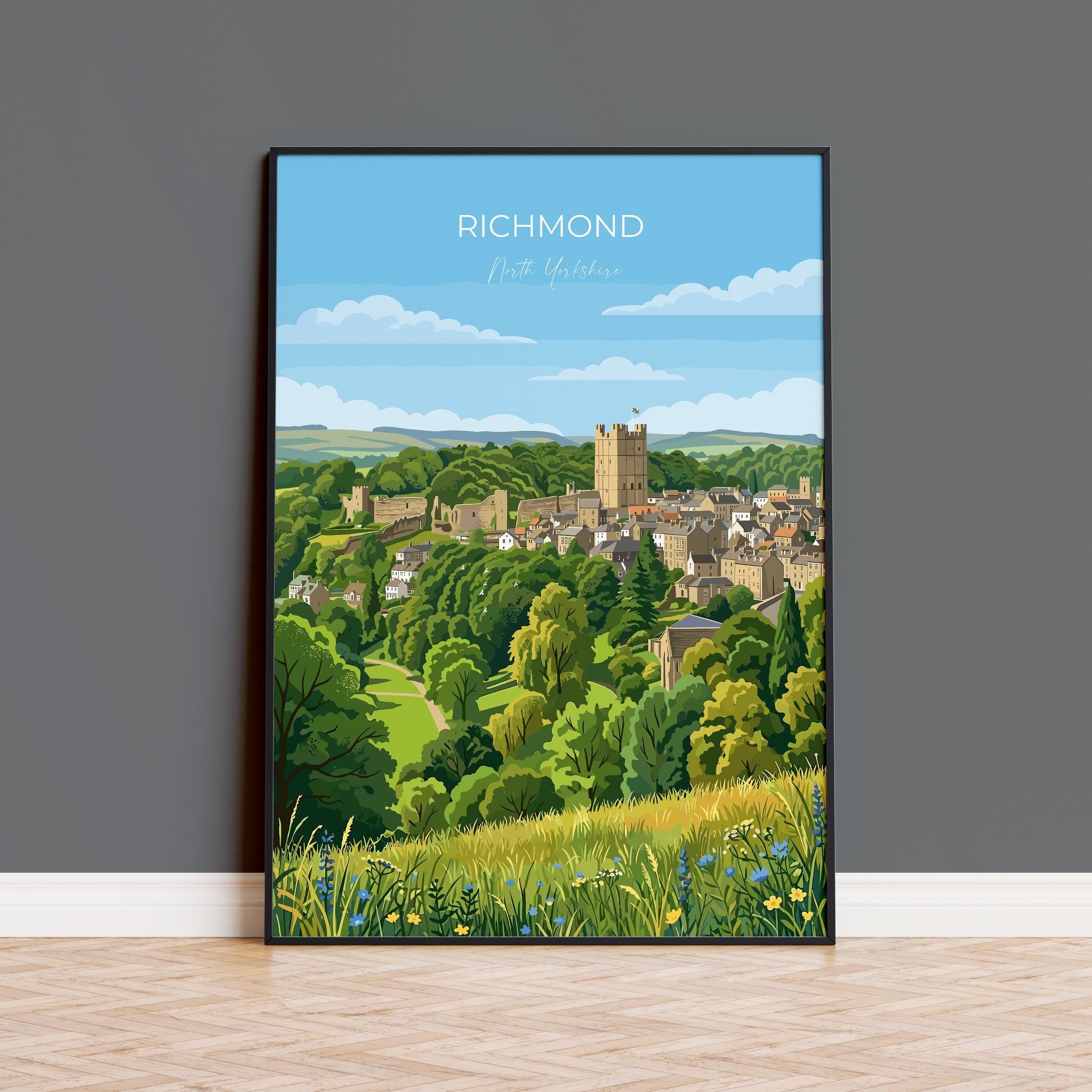 Richmond Yorkshire Travel Print, Richmond Castle Wall Art, Yorkshire Dales Town Poster, Historic Market Town Art, Vintage Style UK Decor