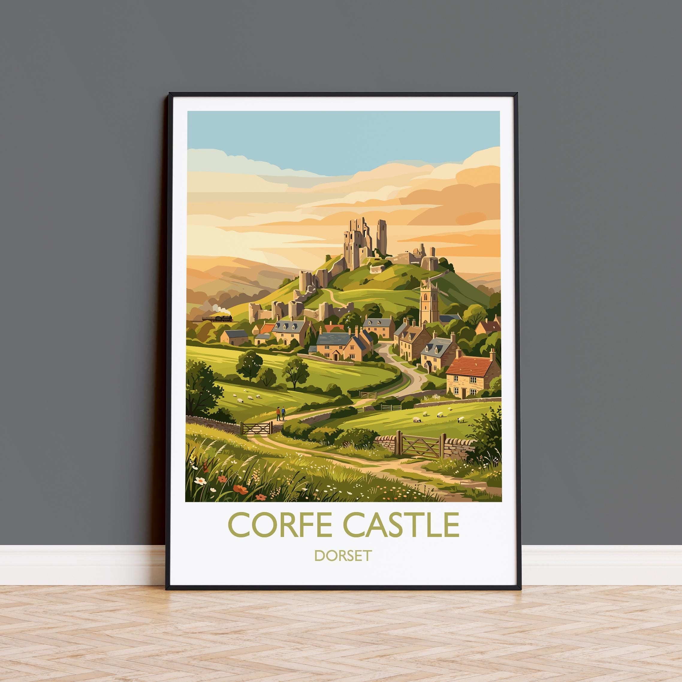 Corfe Castle Dorset Travel Poster, Historic Castle Ruins Wall Art, Dorset Countryside Print, English Heritage Illustration, Vintage UK Decor