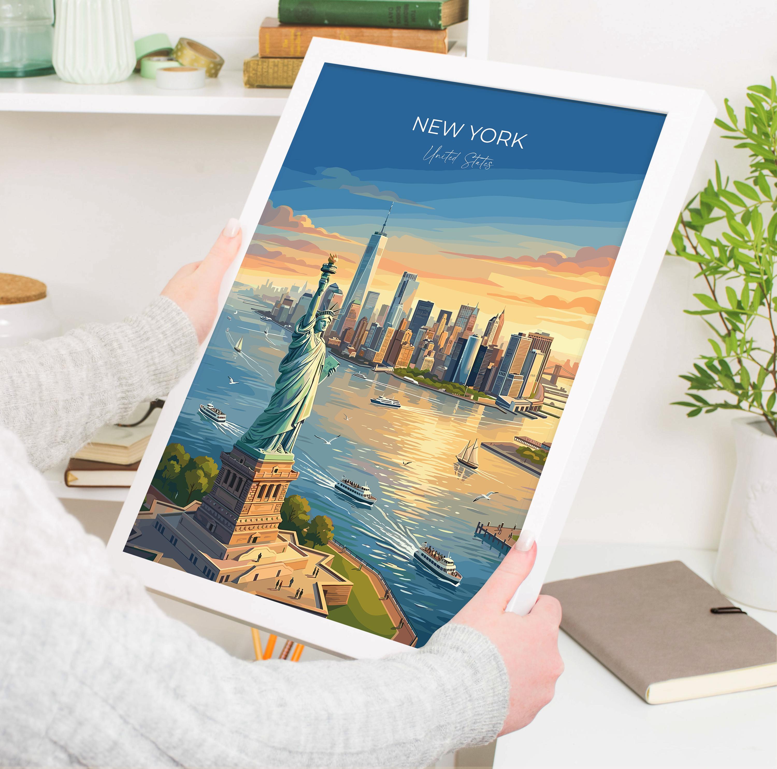 New York City Travel Print, Statue of Liberty Wall Art, Manhattan Skyline Poster, NYC Illustration, Vintage Style USA Decor