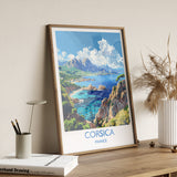 a picture of a scenic landscape on a wooden shelf