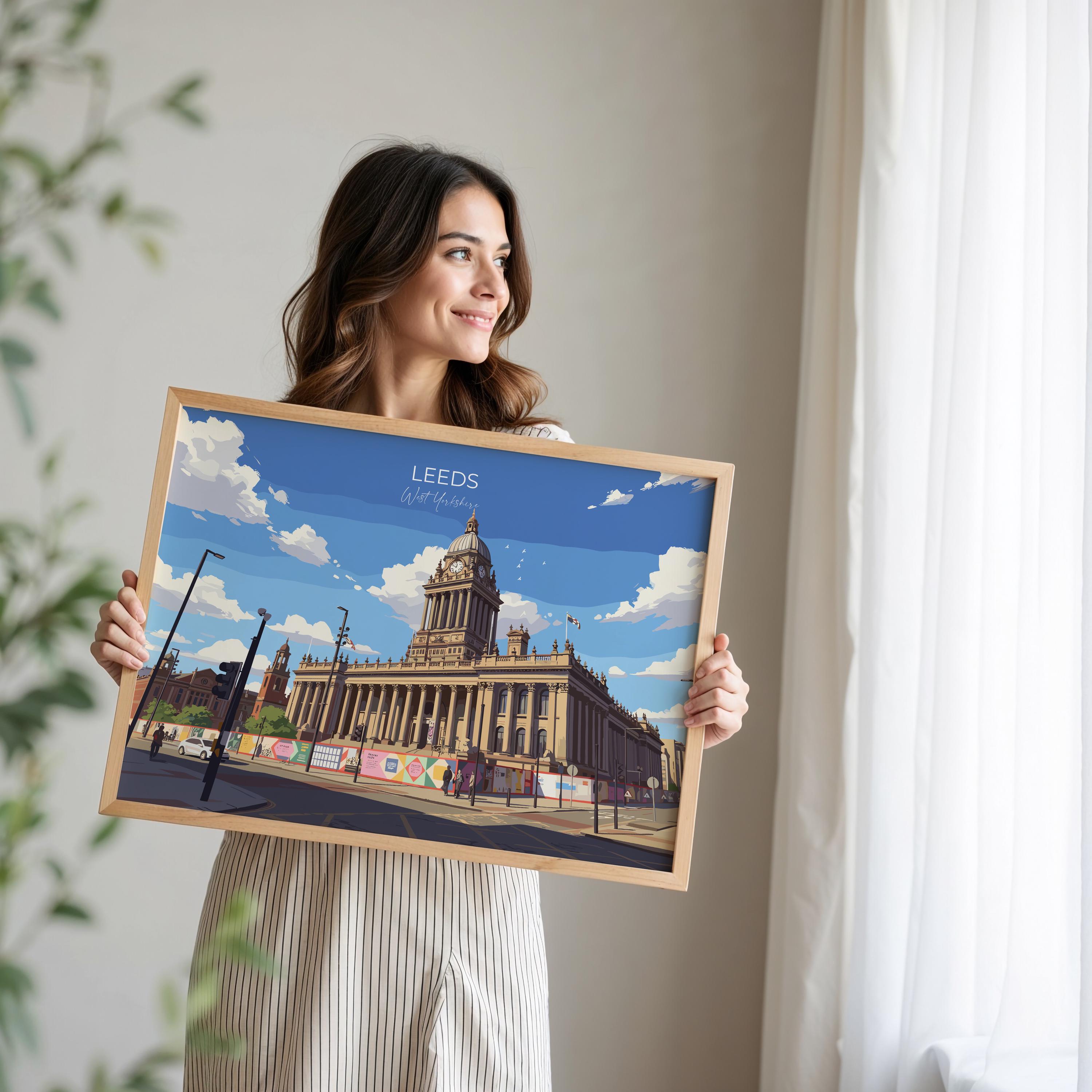 Leeds City Art Print, Leeds City Hall, West Yorkshire Landscape Poster, England UK City Travel Decor NQ Media Designs