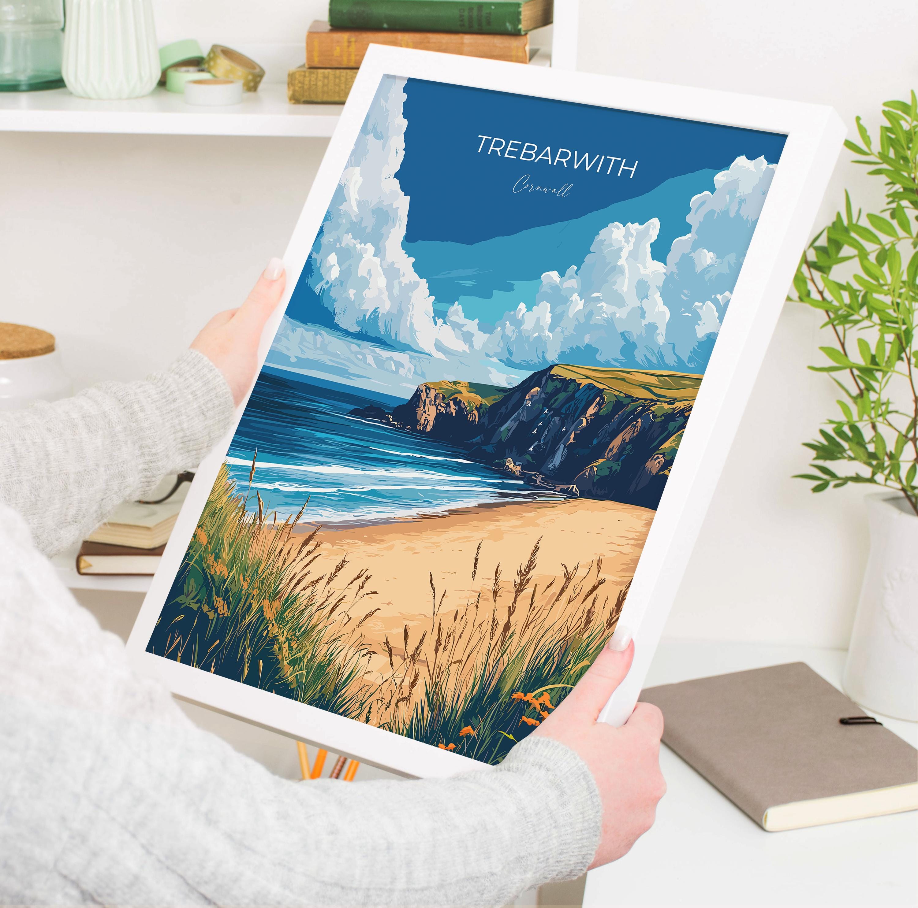 Trebarwith Travel Poster, Travel Print of Trebarwith, England, Cornwall Art, Trebarwith Art Lovers Gift, Wall Art Print NQ Media Designs