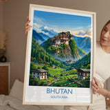 Bhutan South Asia Travel Poster, Himalayan Mountains Wall Art, Tiger's Nest Monastery Print, Bhutan Landscape, Vintage Travel Poster